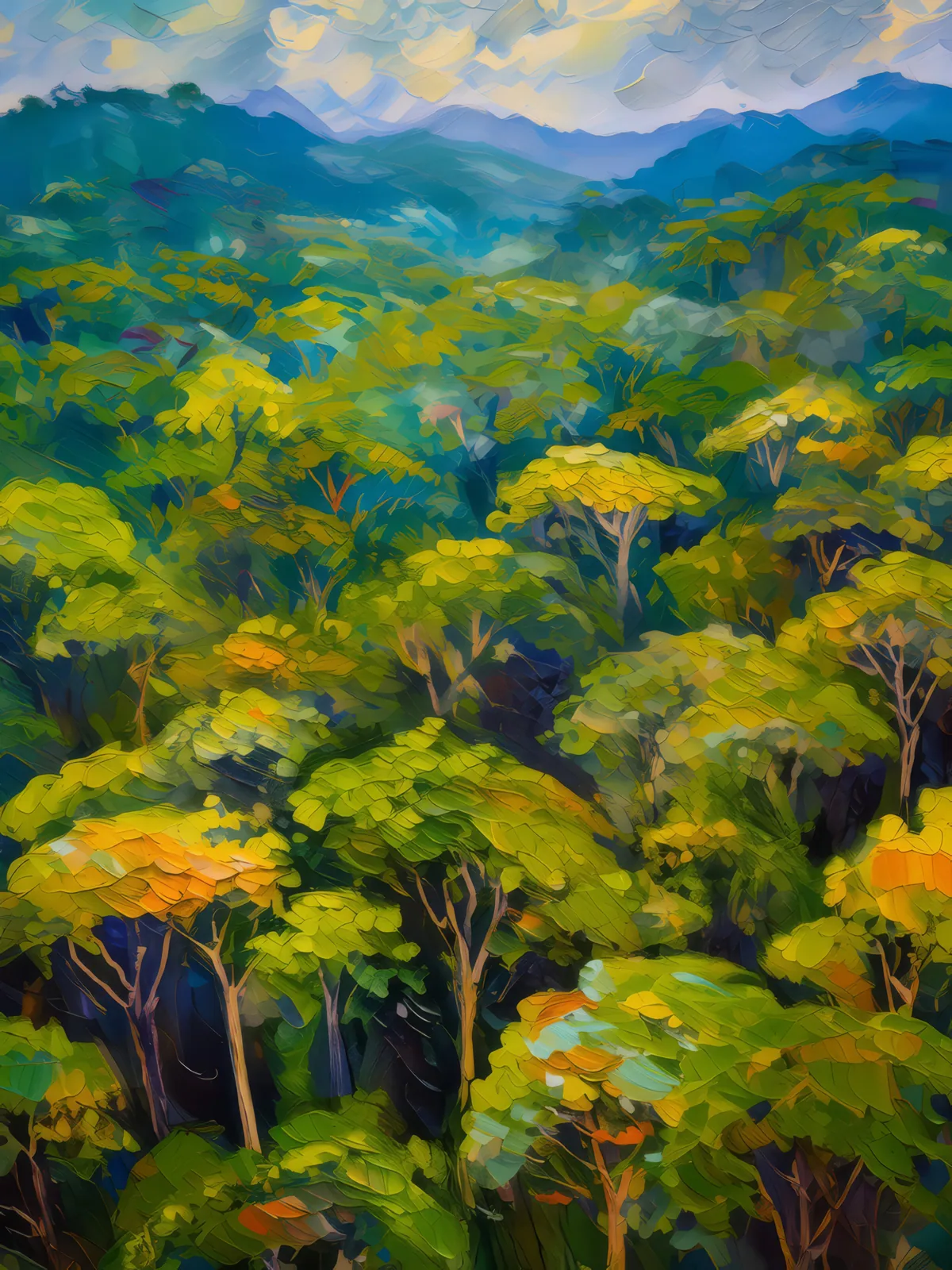 Rainforest Tree Top View, a palette-knife oil landscape by Emma Mickelberg