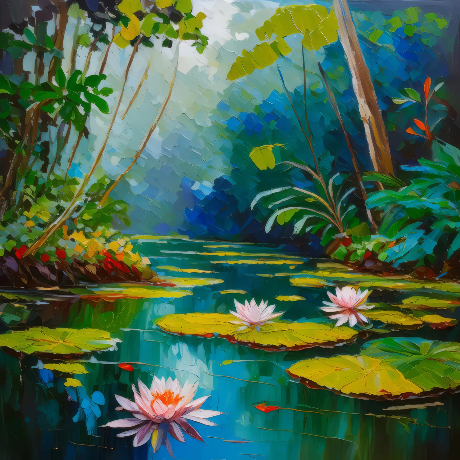 Rainforest Water Lily, a palette-knife oil landscape by Emma Mickelberg