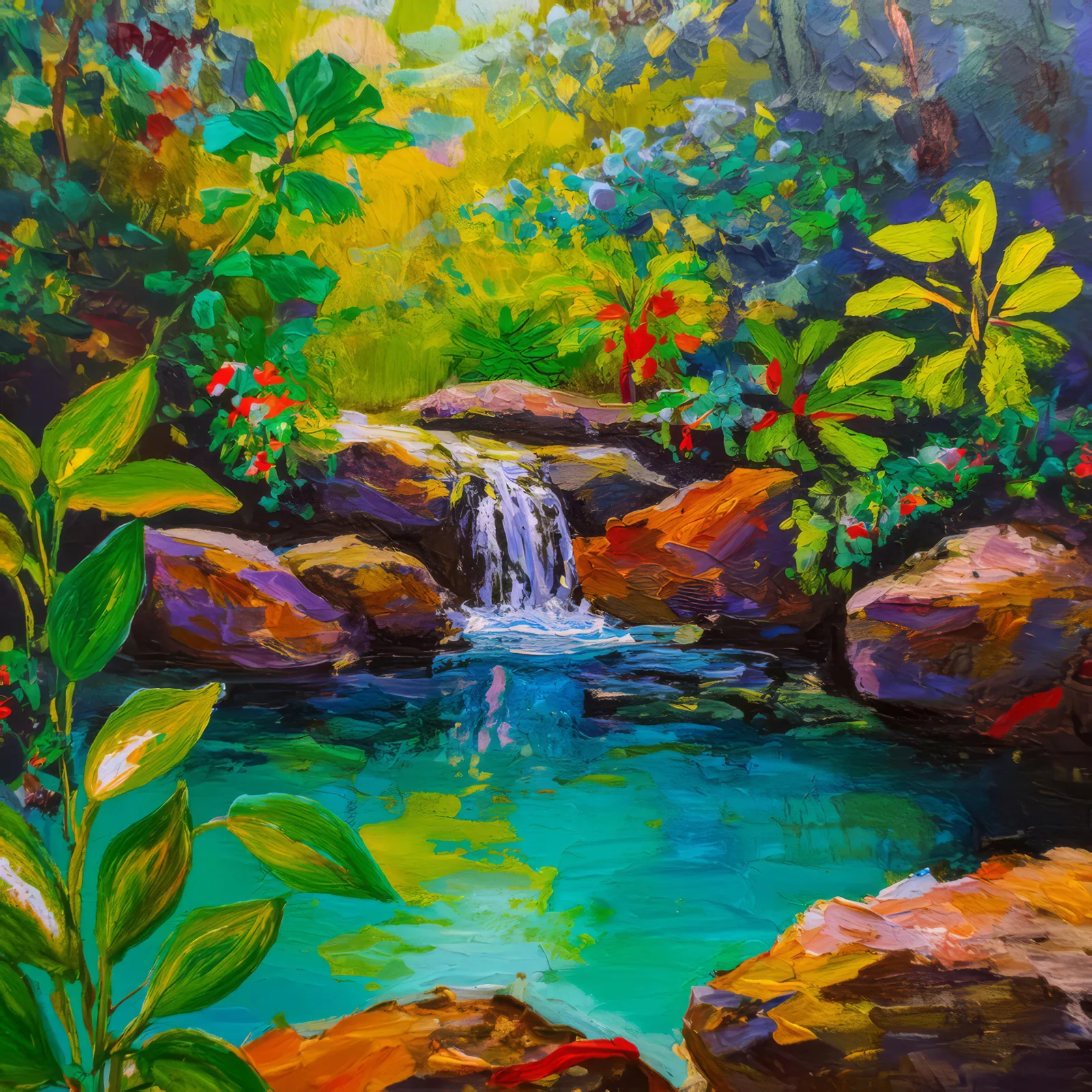 Rainforest Water Pool, a palette-knife oil landscape by Emma Mickelberg