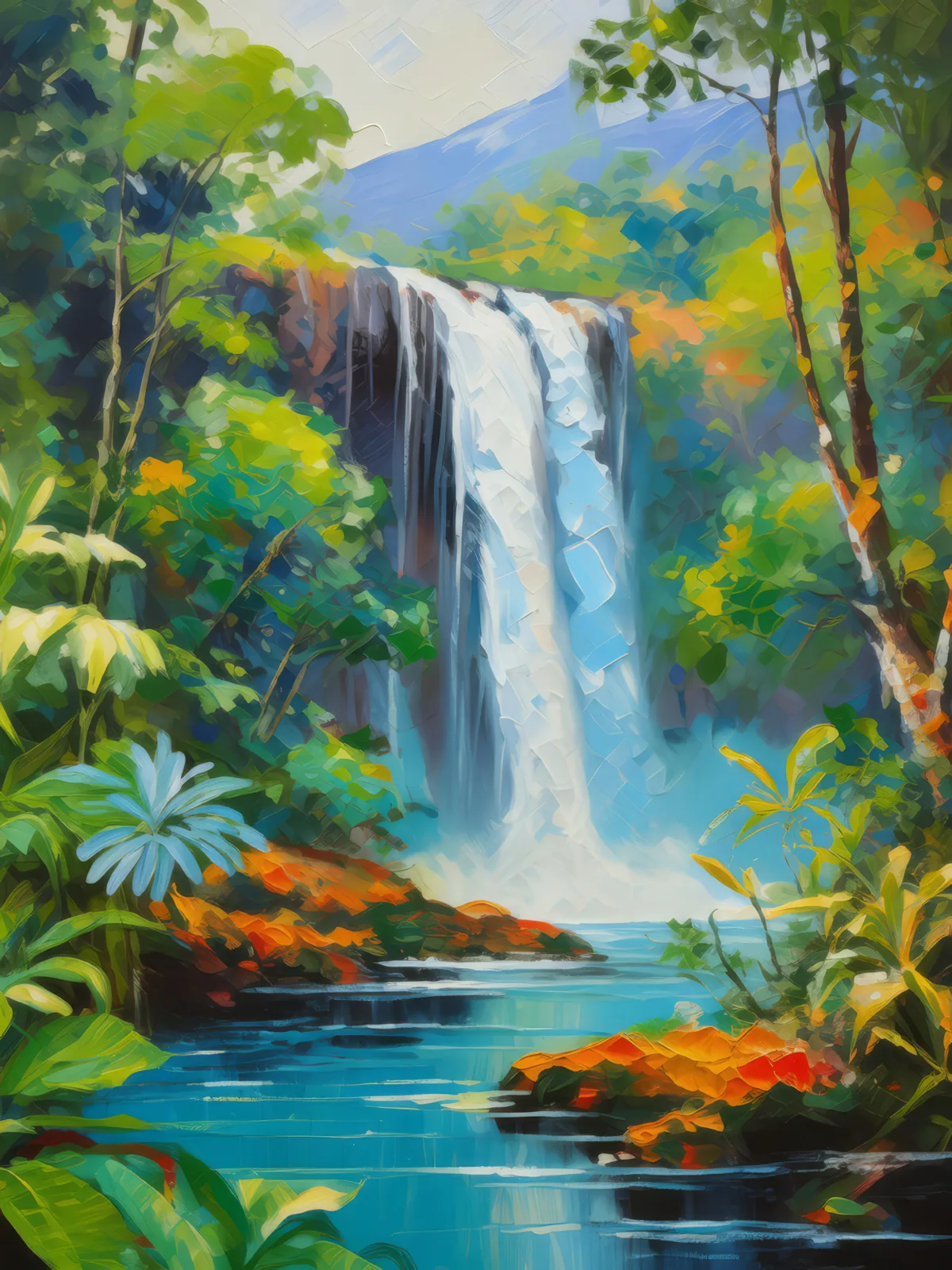 Rainforest Waterfall Bliss, a palette-knife oil landscape by Emma Mickelberg