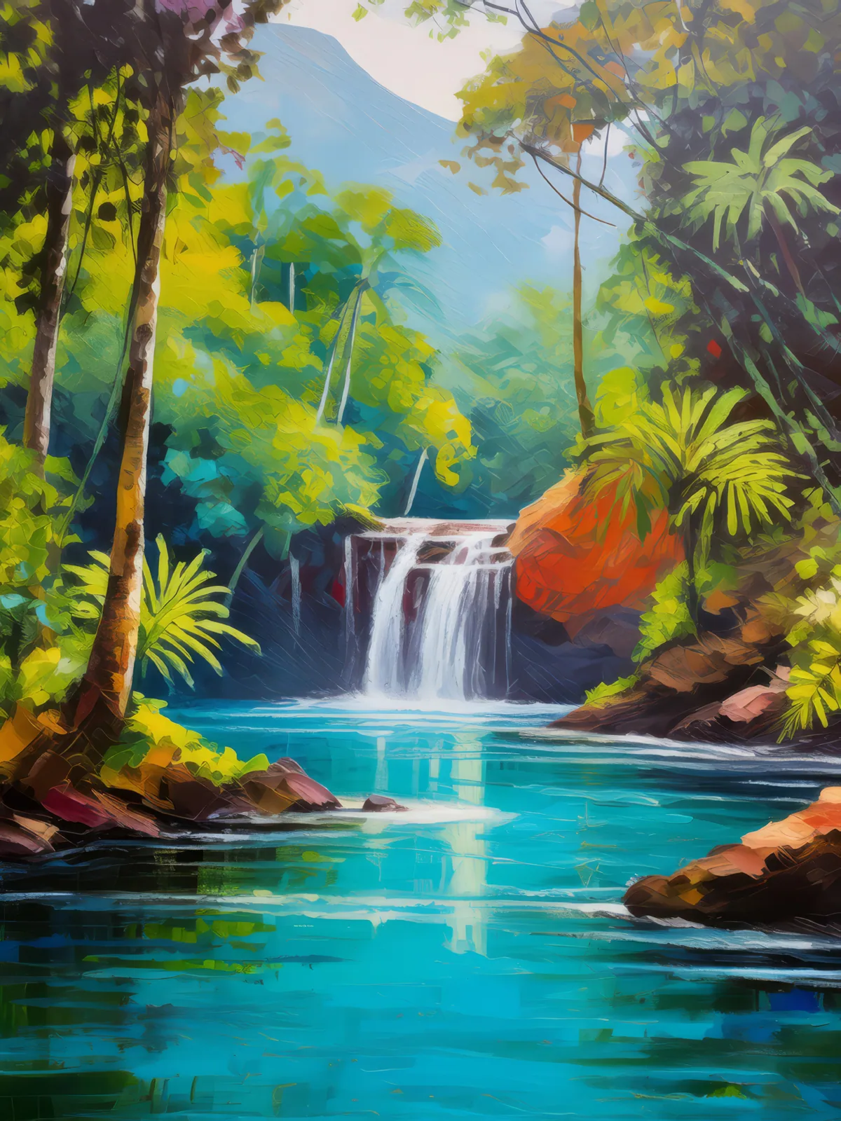 Rainforest Waterfall Cove, a palette-knife oil landscape by Emma Mickelberg