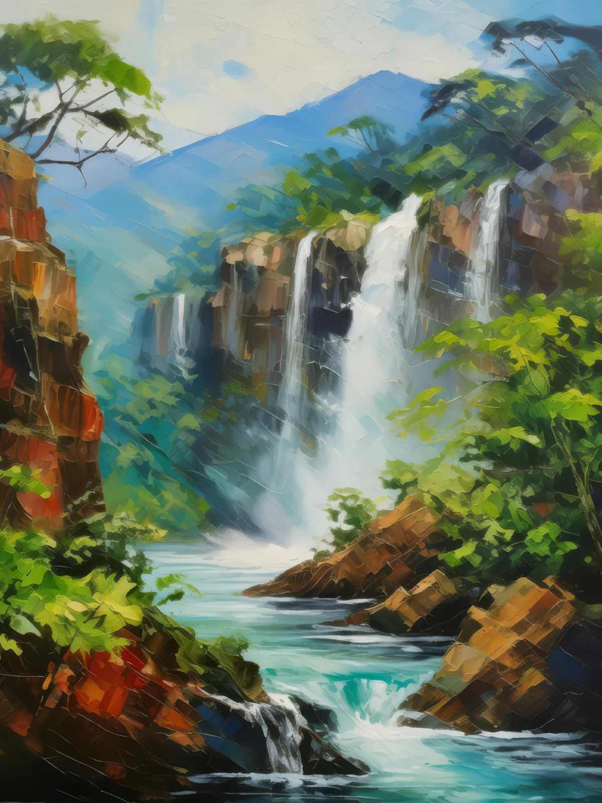Rainforest Waterfall Mist, a palette-knife oil landscape by Emma Mickelberg