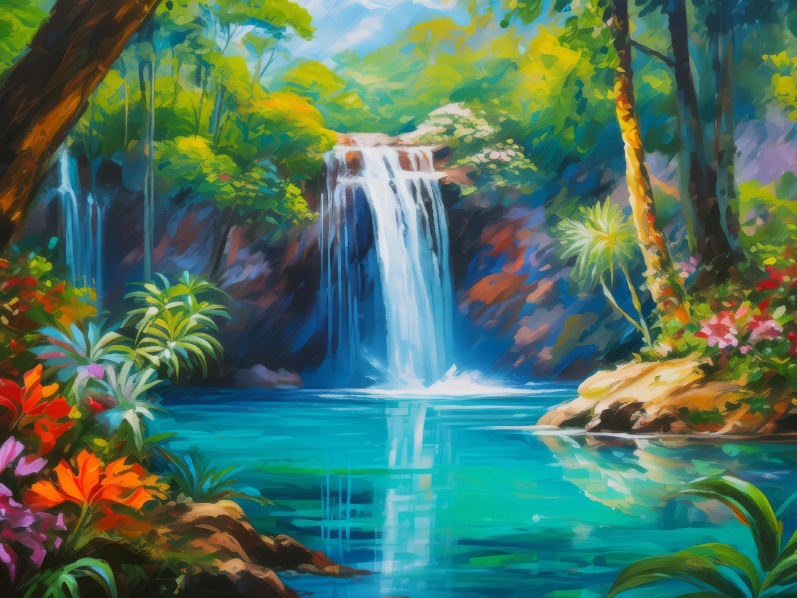 Rainforest Waterfall Pool, a palette-knife oil landscape by Emma Mickelberg