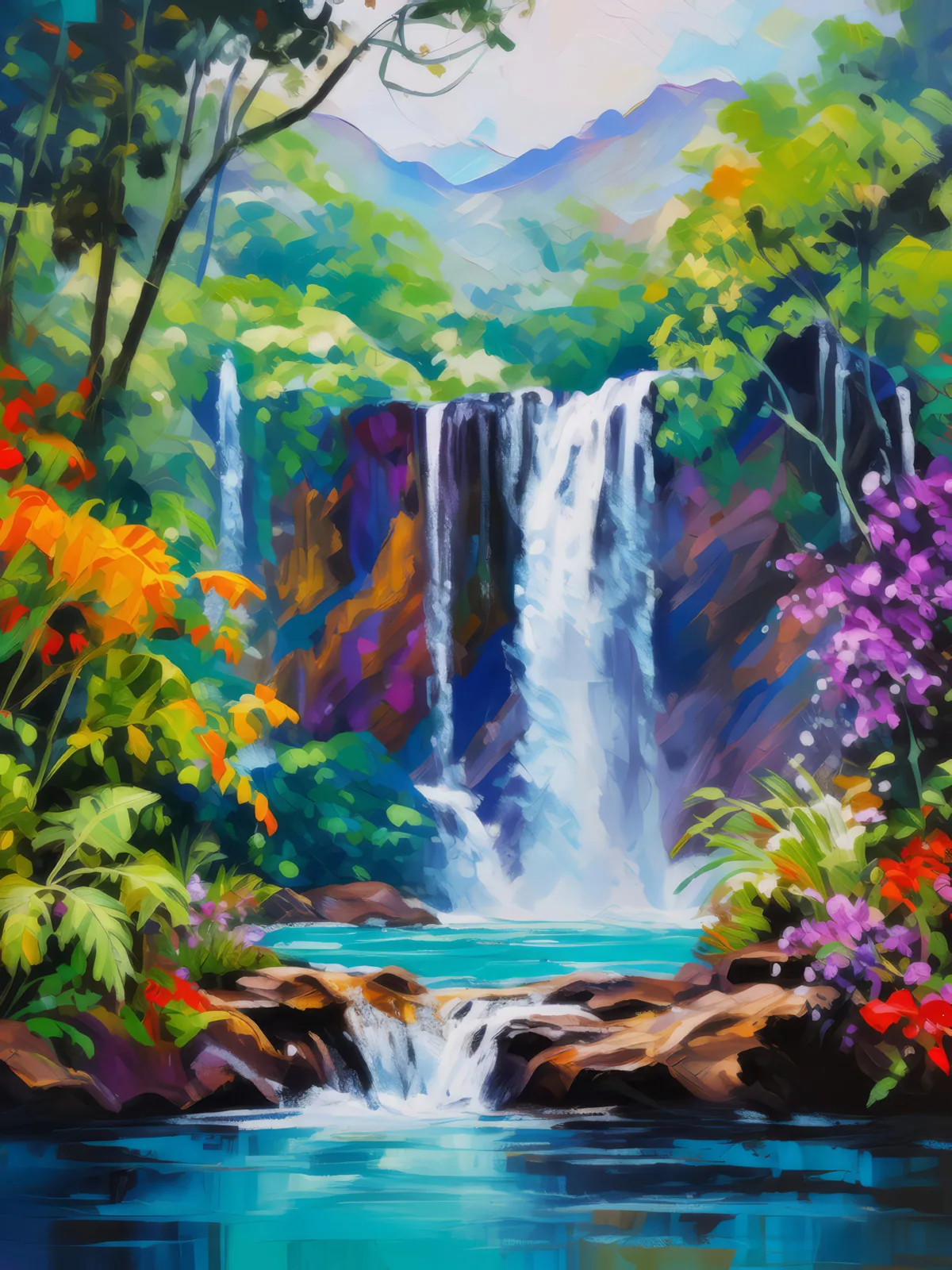 Rainforest Waterfall Splash, a palette-knife oil landscape by Emma Mickelberg