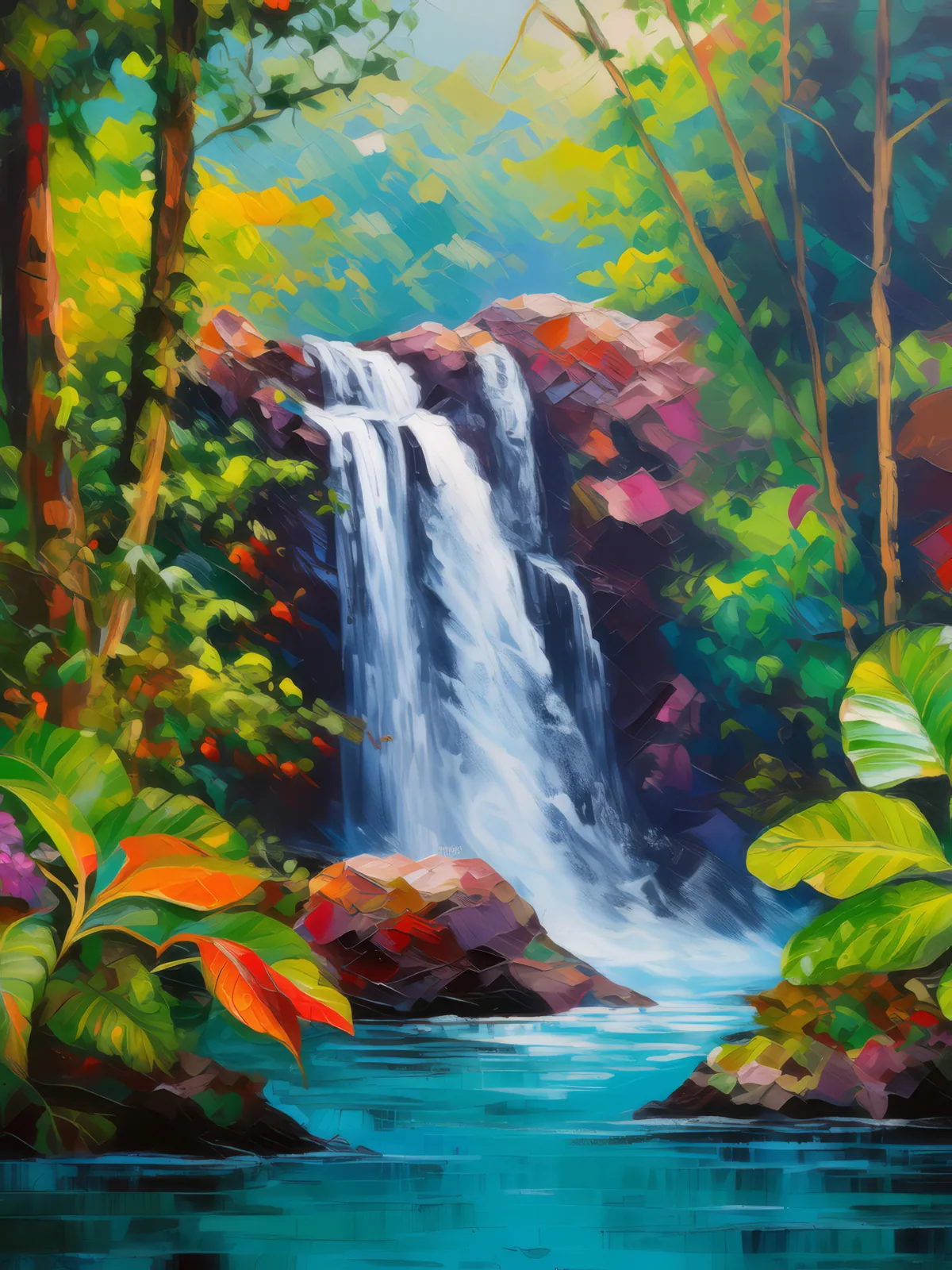 Rainforest Waterfall View, a palette-knife oil landscape by Emma Mickelberg