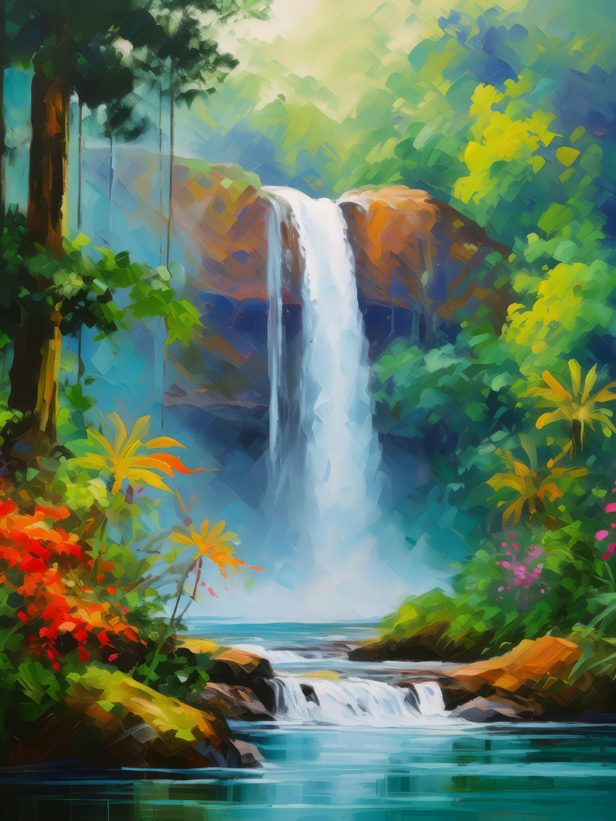 Rainforest Waterfall, a palette-knife oil landscape by Emma Mickelberg