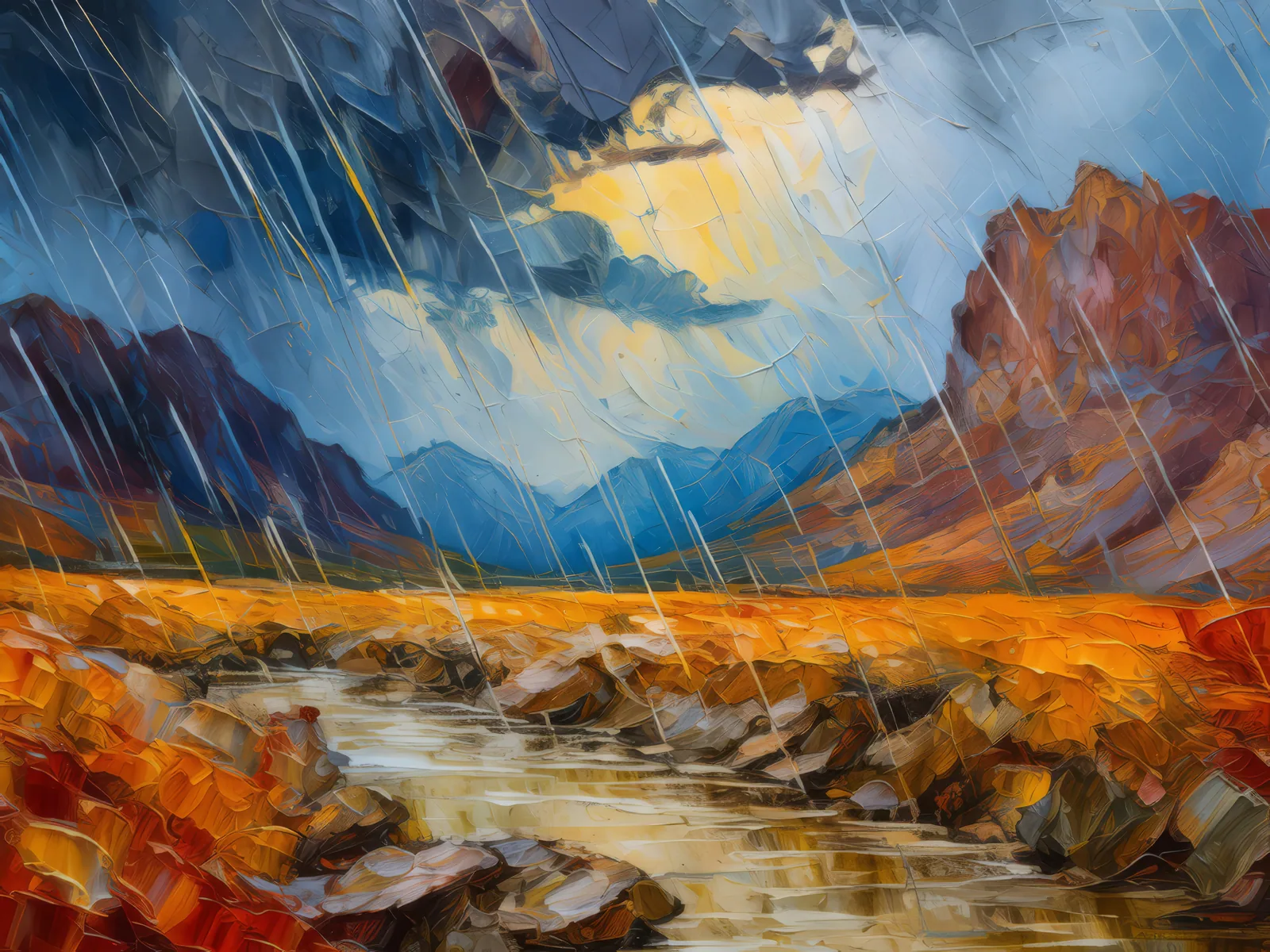 Rainstorm in Alpine Desert, a palette-knife oil landscape by Emma Mickelberg