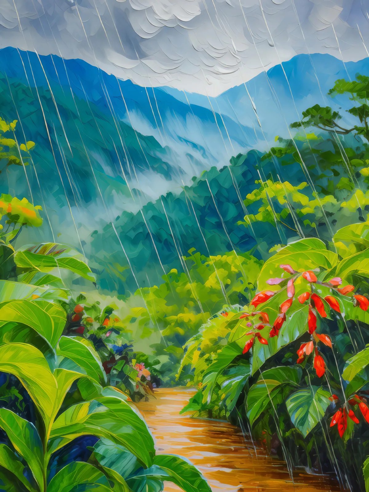 Rainstorm Over Tropical Highlands, a palette-knife oil landscape by Emma Mickelberg