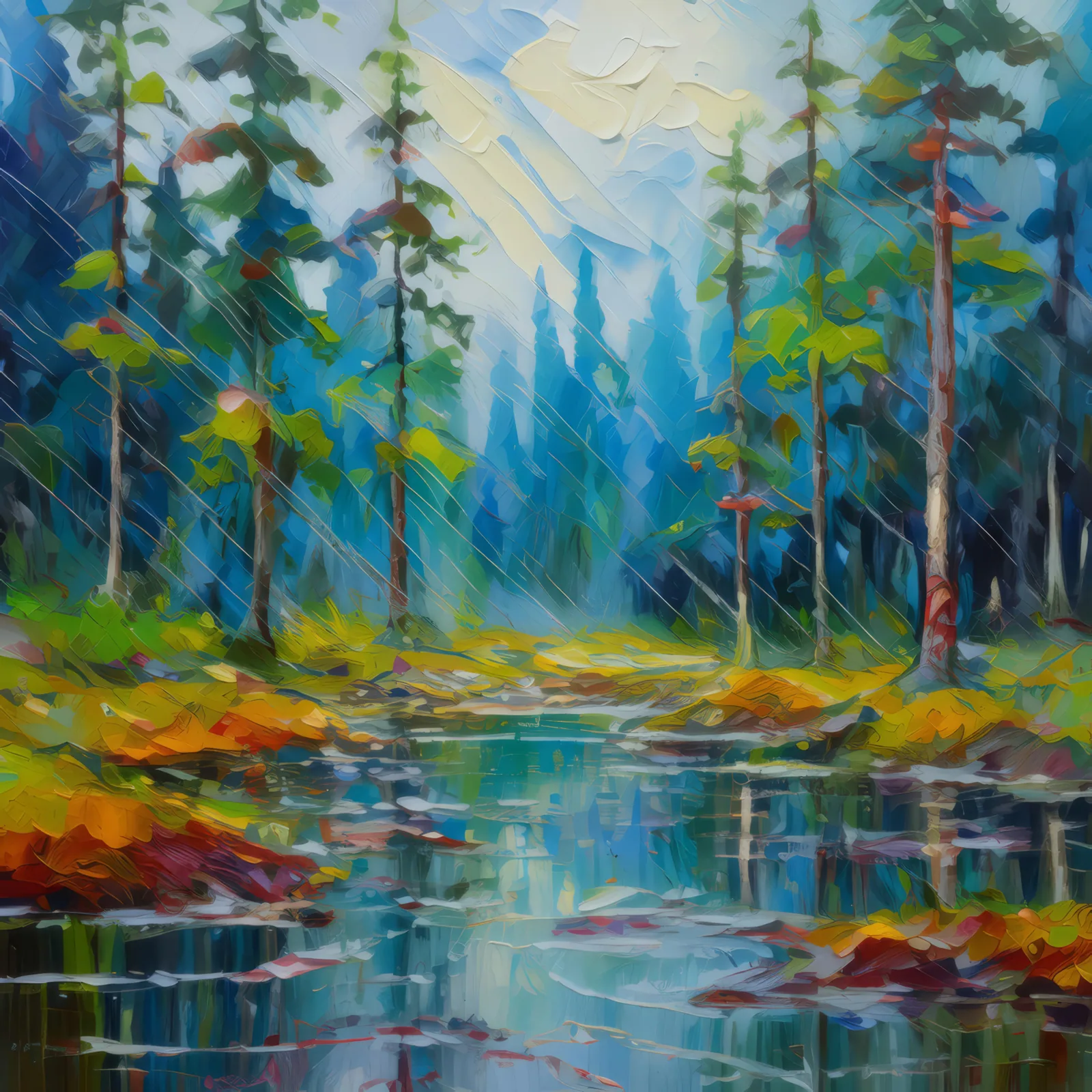 Rainy Boreal Forest, a palette-knife oil landscape by Emma Mickelberg