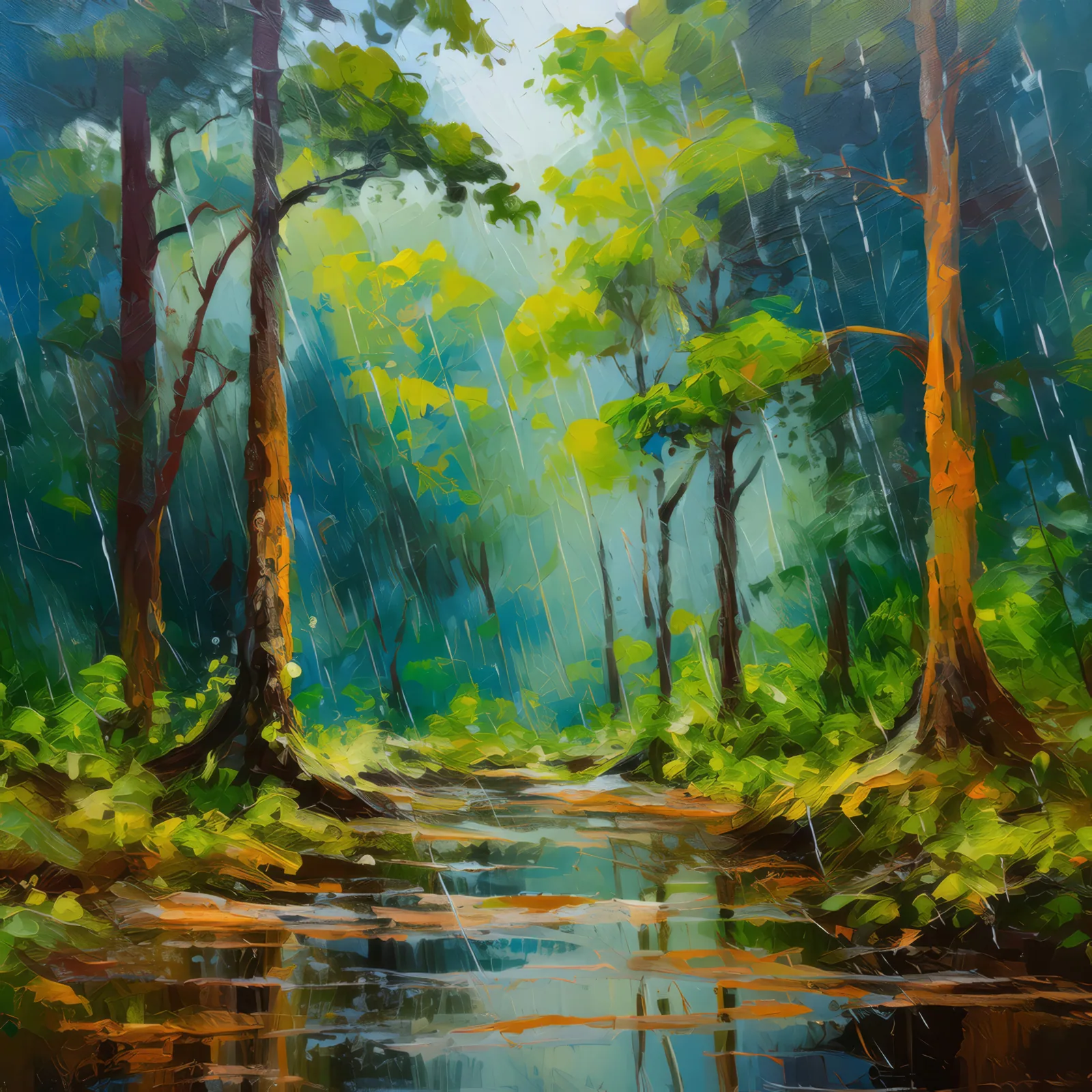 Rainy Day in Forest, a palette-knife oil landscape by Emma Mickelberg