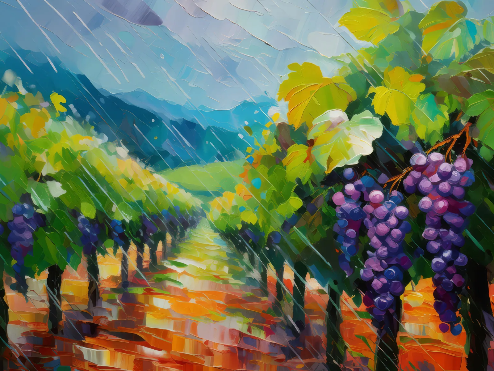 Rainy Day in the Vineyard, a palette-knife oil landscape by Emma Mickelberg