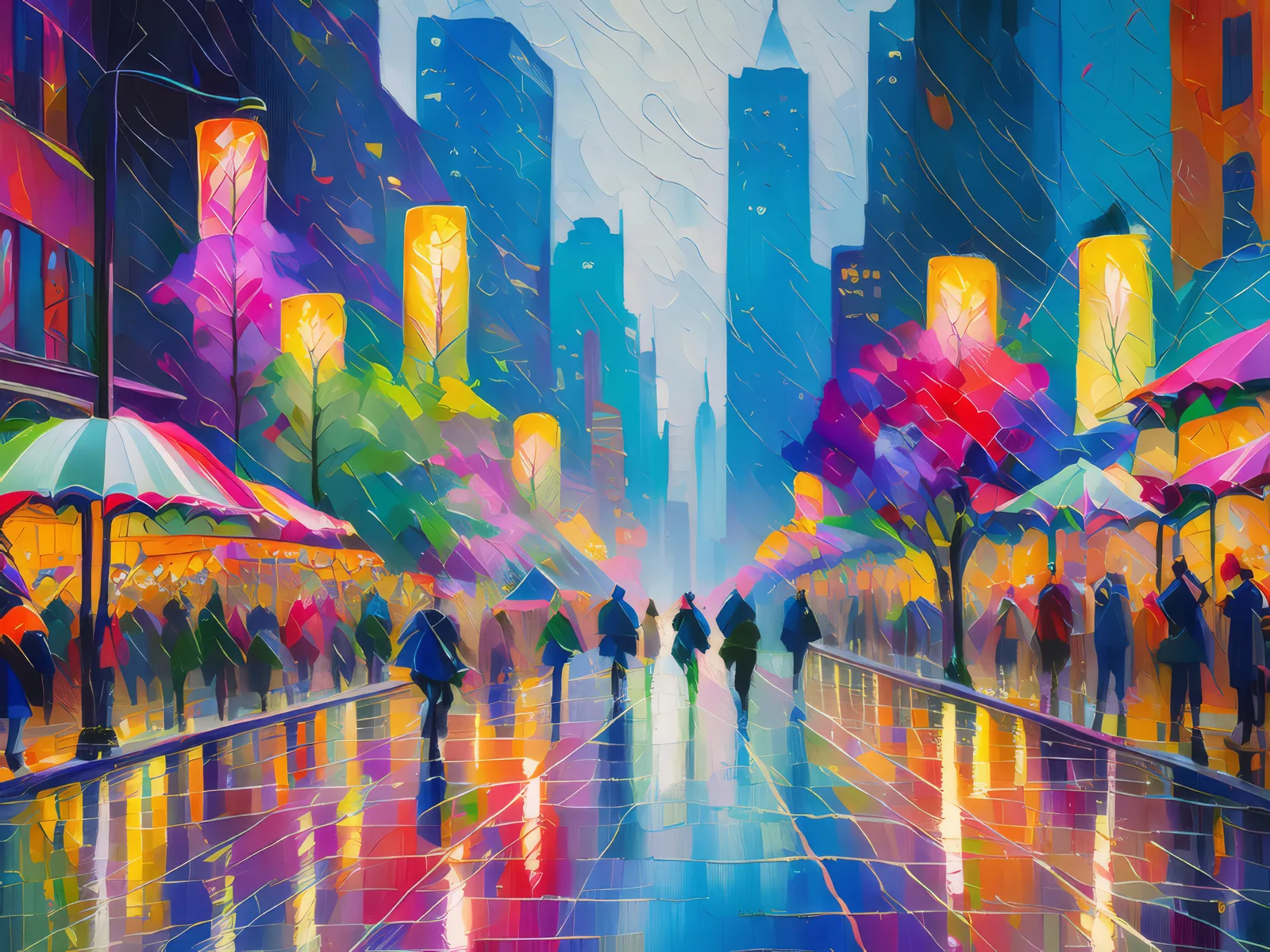 Rainy Downtown Evening, a palette-knife oil landscape by Emma Mickelberg