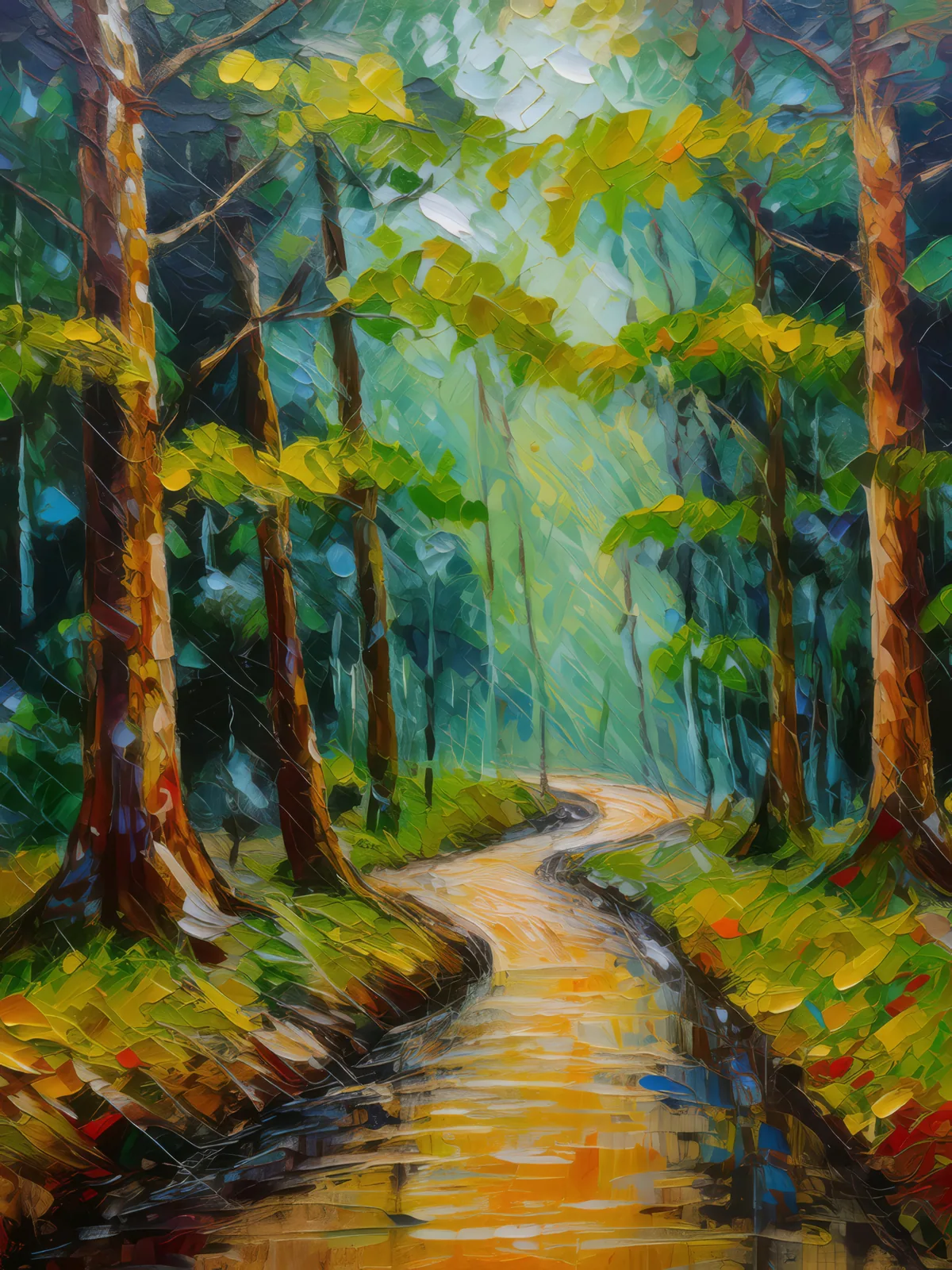 Rainy Forest Path, a palette-knife oil landscape by Emma Mickelberg