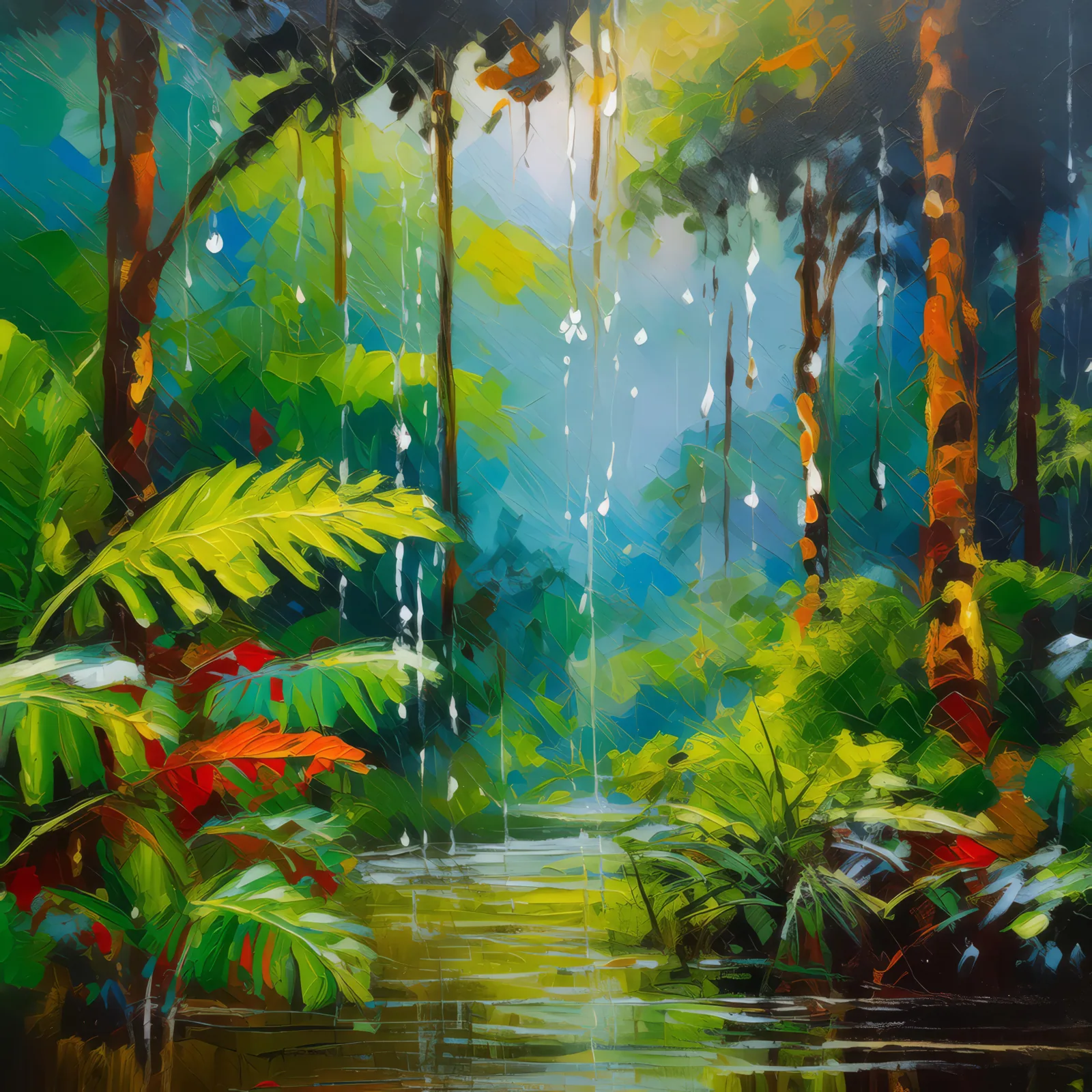 Rainy Jungle Canopy, a palette-knife oil landscape by Emma Mickelberg