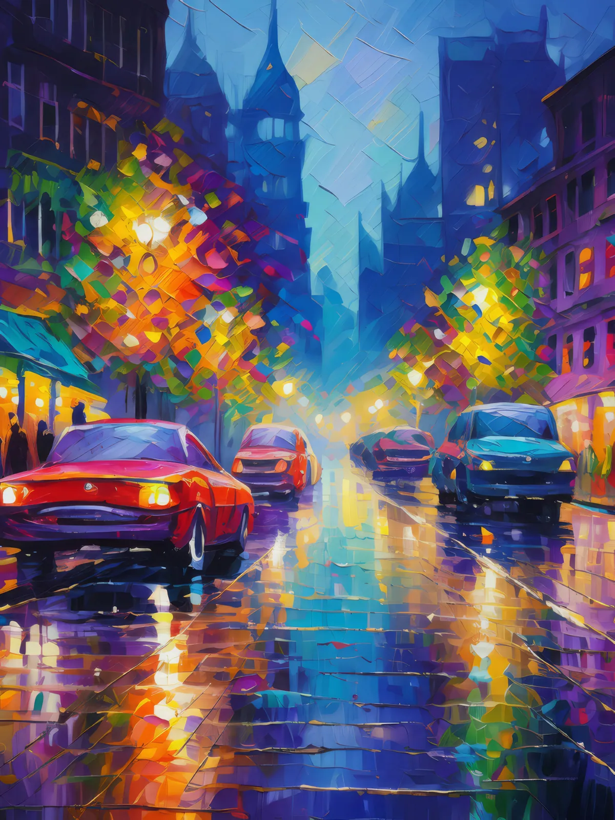 Rainy Urban Street, a palette-knife oil landscape by Emma Mickelberg