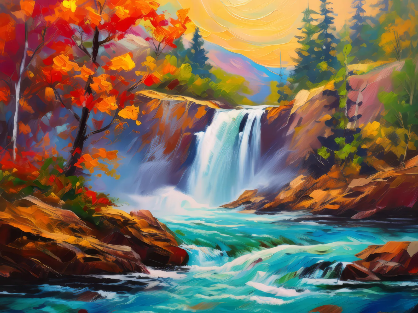 Rapid Waterfall Adventure, a palette-knife oil landscape by Emma Mickelberg
