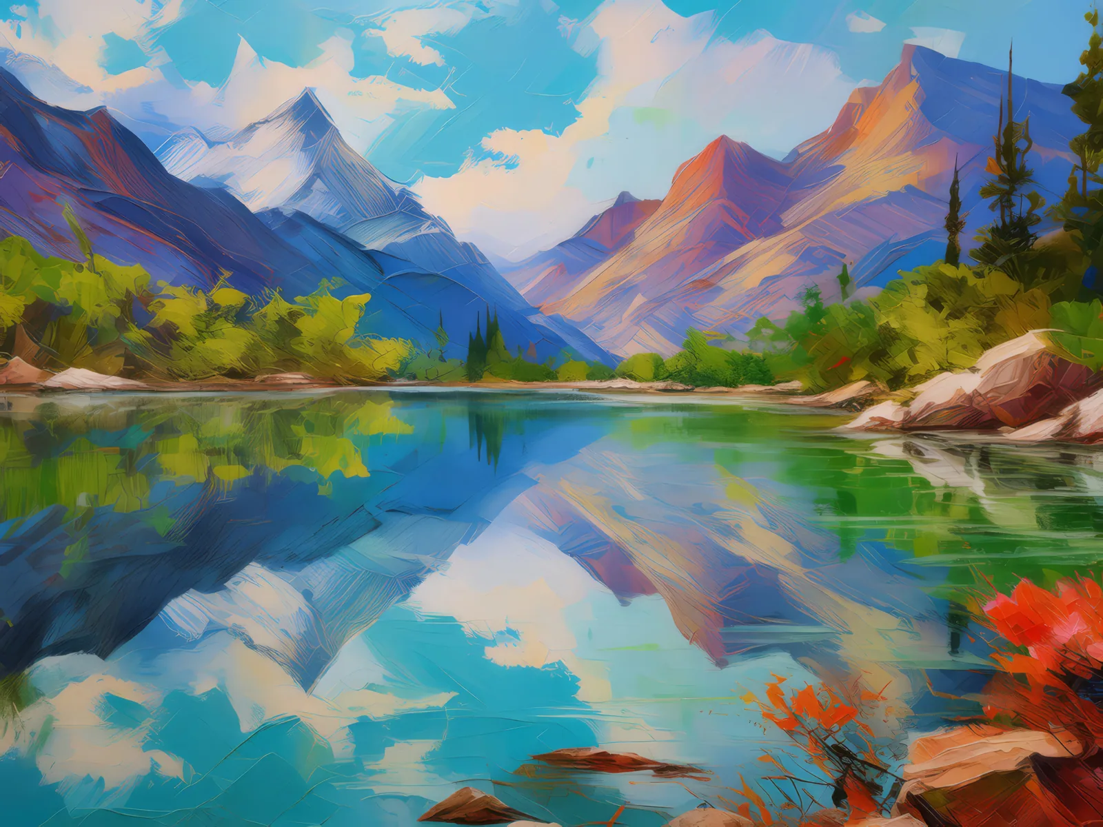 Reflections in Alpine Desert Lake, a palette-knife oil landscape by Emma Mickelberg