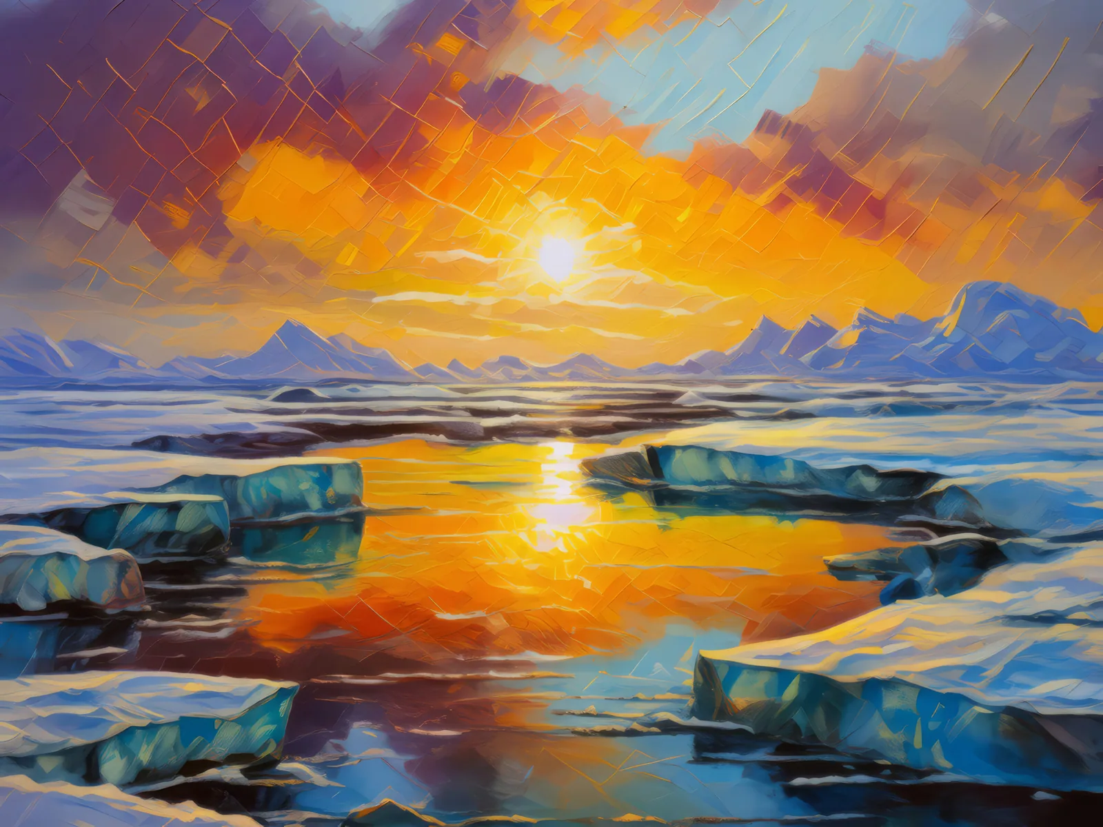 Reflections in Arctic Ice, a palette-knife oil landscape by Emma Mickelberg