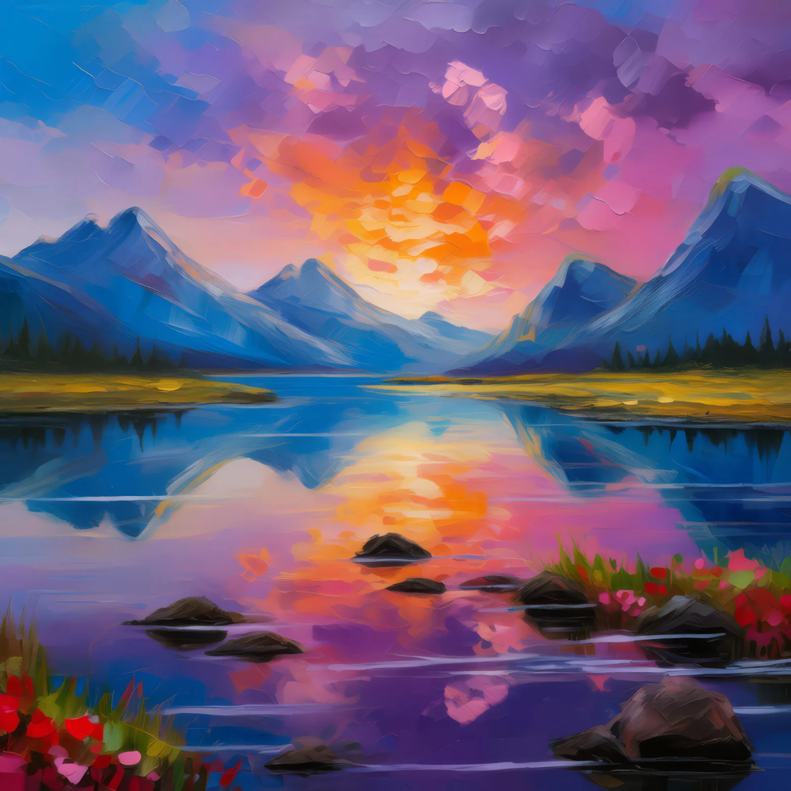 Reflections in Tundra Waters, a palette-knife oil landscape by Emma Mickelberg