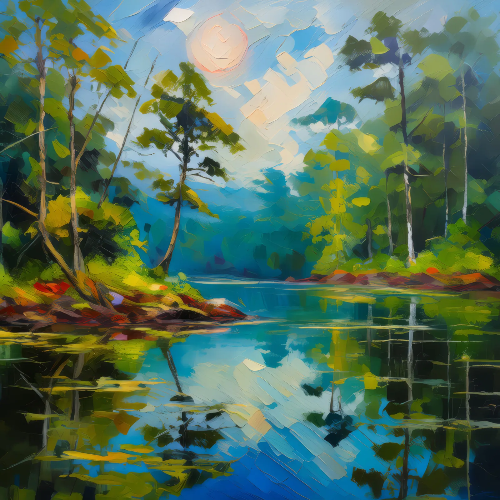 Reflections on Boreal Waters, a palette-knife oil landscape by Emma Mickelberg