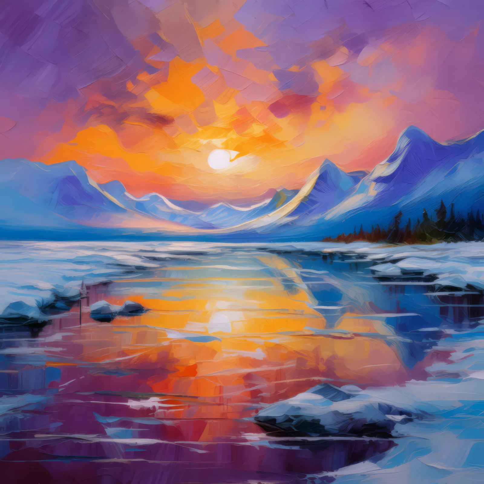 Reflections on Frozen Lake, a palette-knife oil landscape by Emma Mickelberg