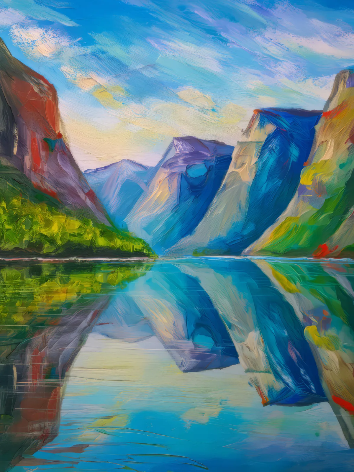 Reflections on the Fjord, a palette-knife oil landscape by Emma Mickelberg