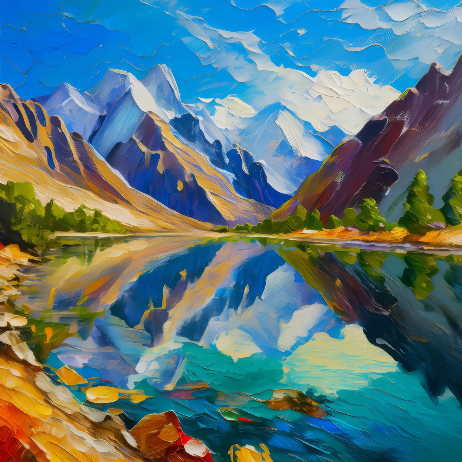 Reflective Alpine Desert Lake, a palette-knife oil landscape by Emma Mickelberg