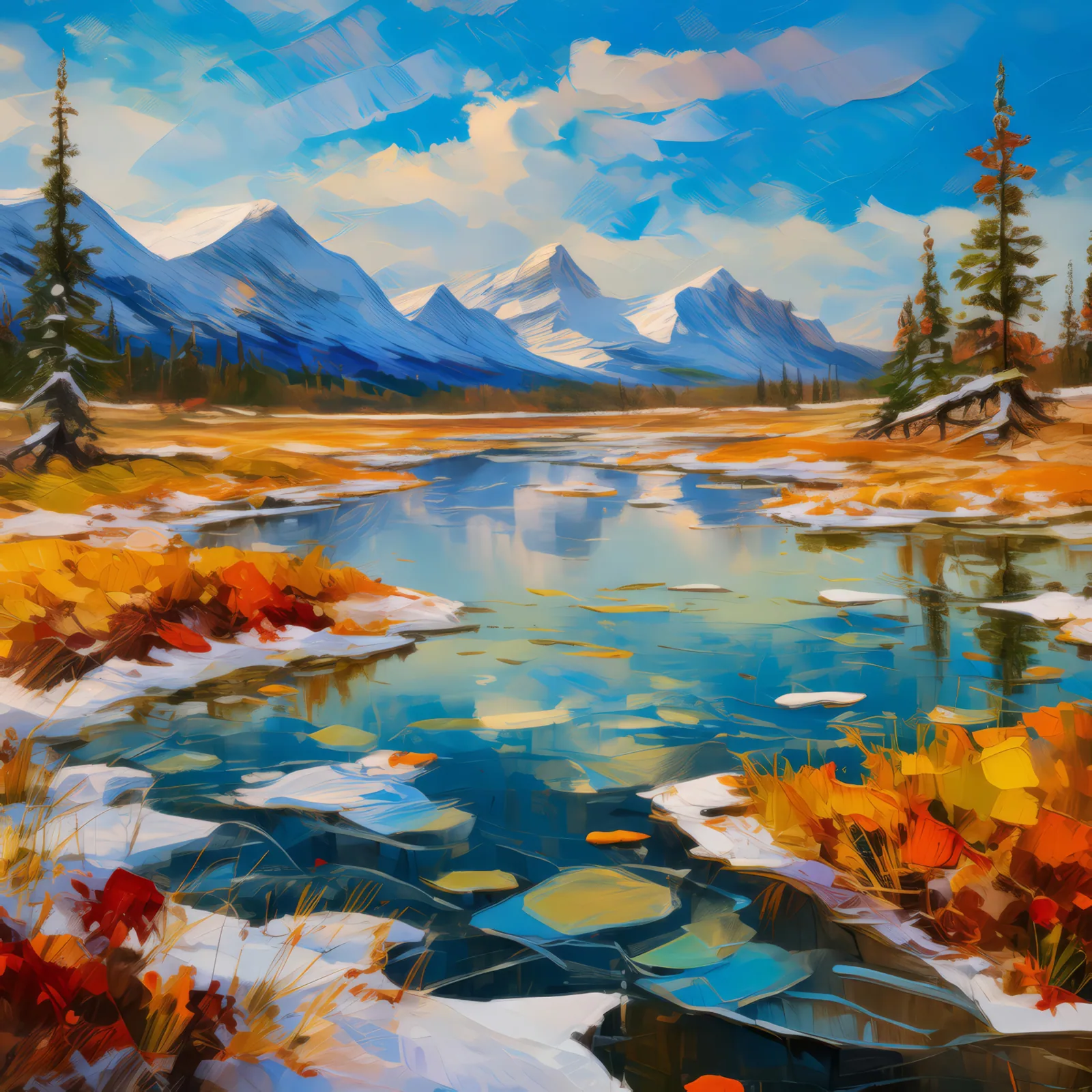 Reflective Ice Ponds Desert, a palette-knife oil landscape by Emma Mickelberg