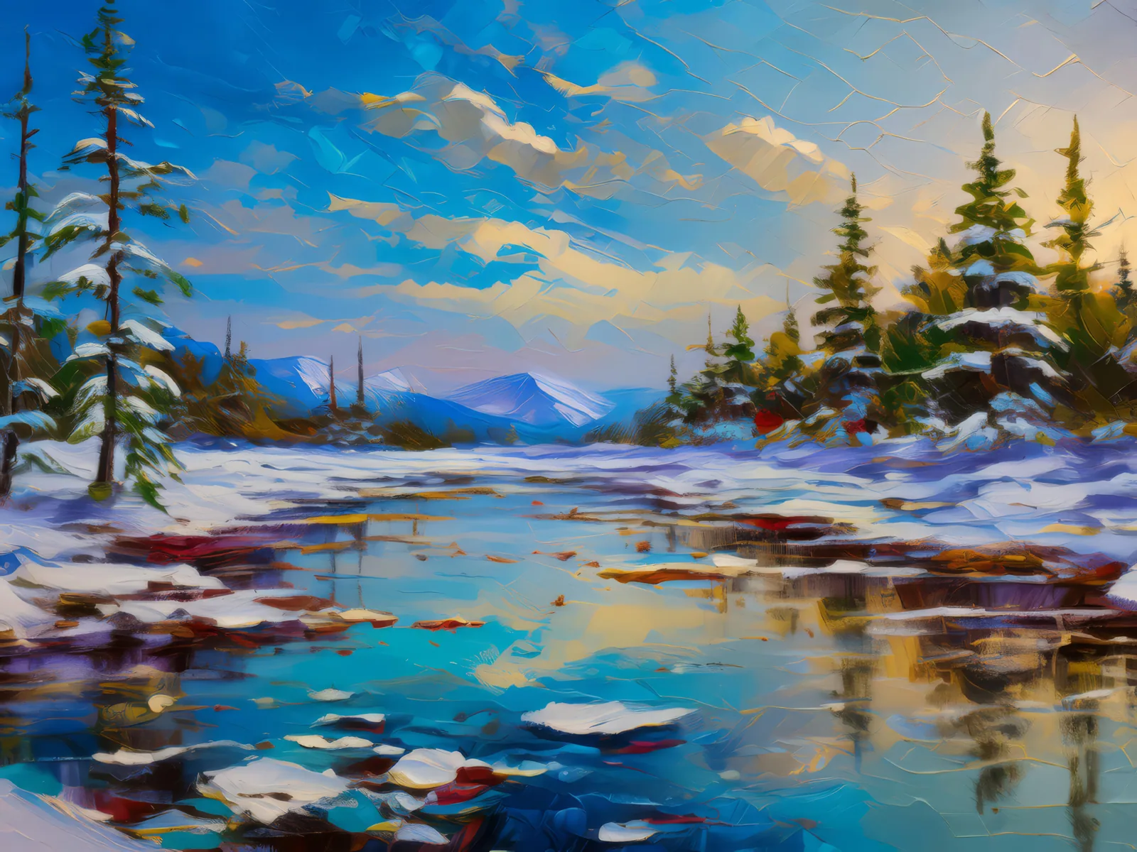 Reflective Ice Ponds in Boreal, a palette-knife oil landscape by Emma Mickelberg