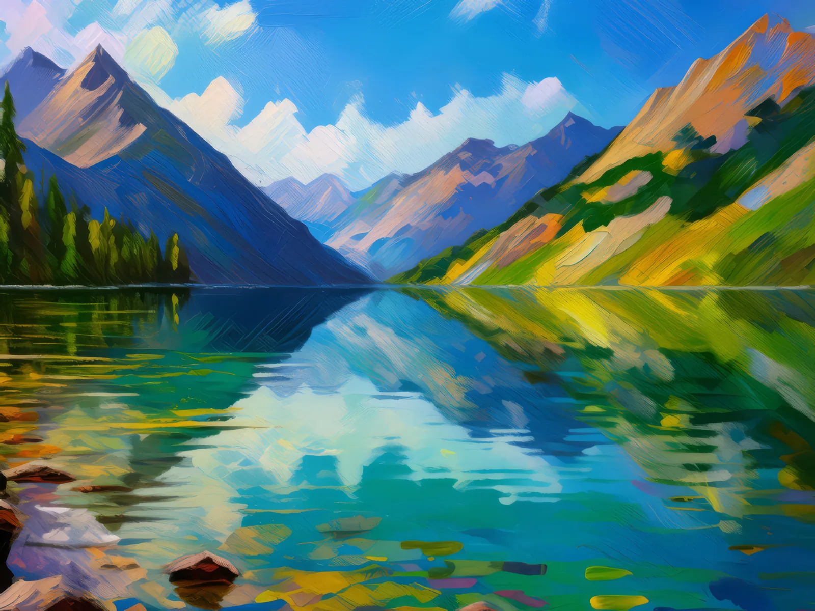 Reflective Lake, a palette-knife oil landscape by Emma Mickelberg