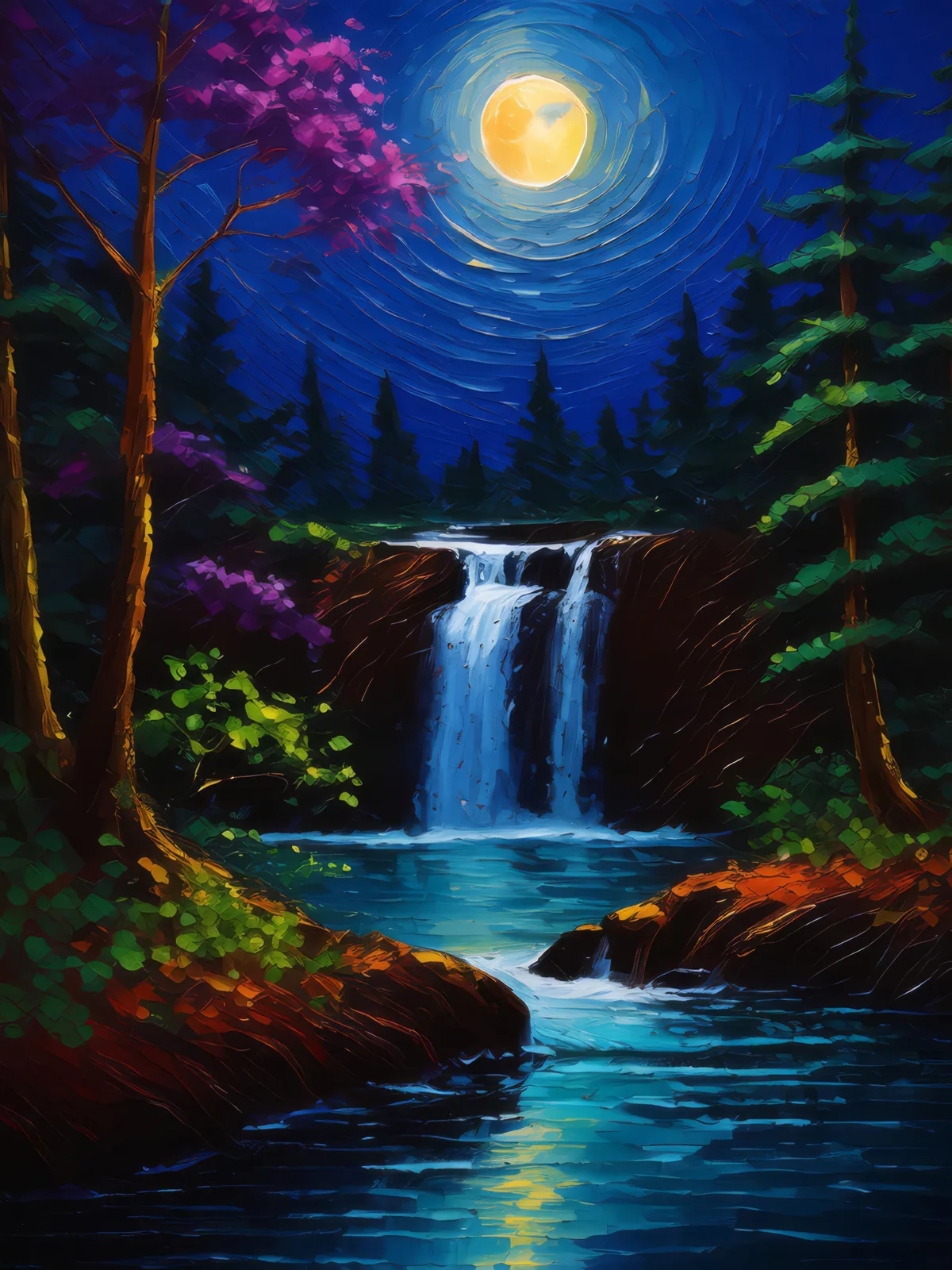 Reflective Waterfall at Night, a palette-knife oil landscape by Emma Mickelberg