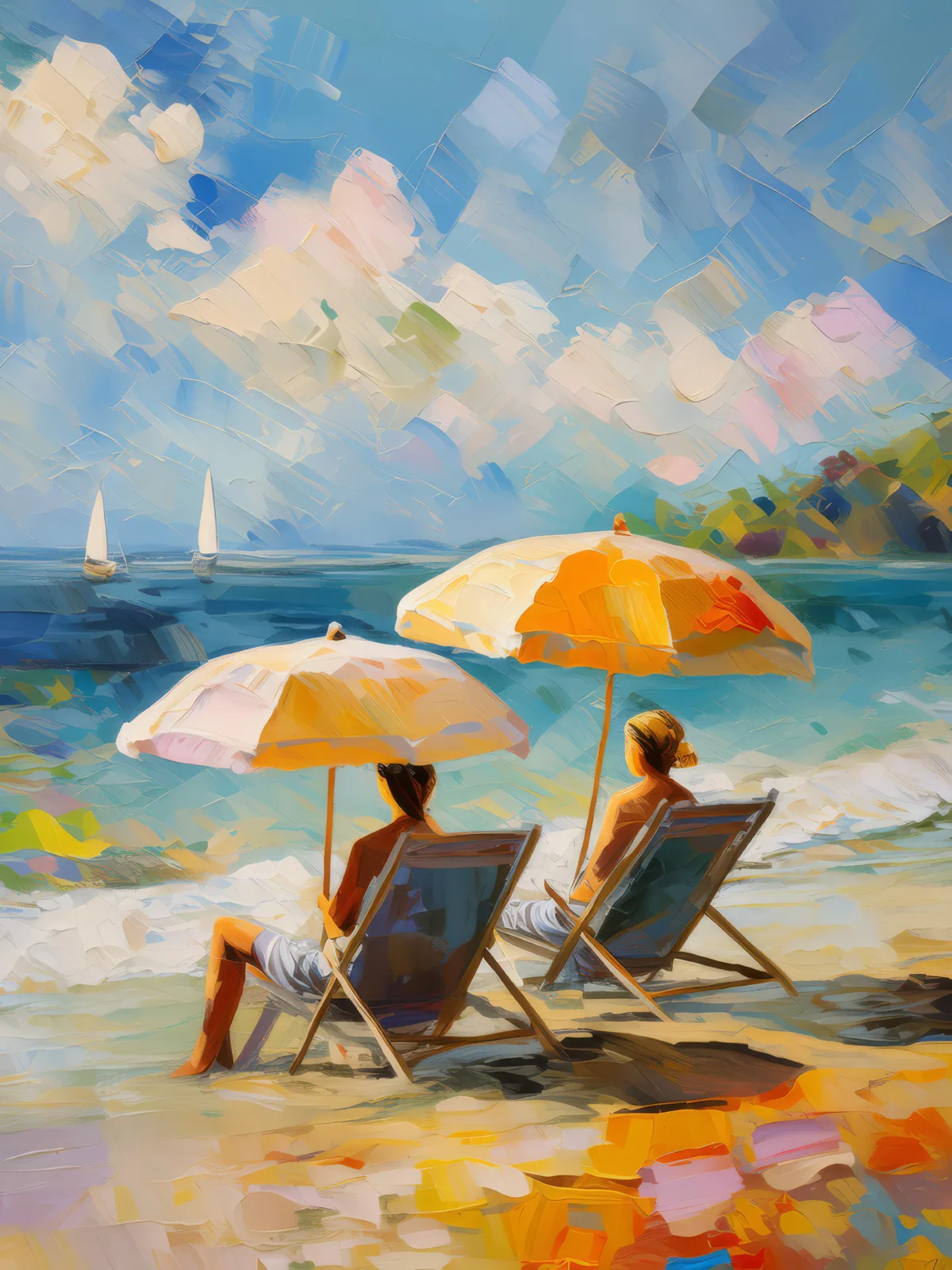 Relaxing Beach Lounge, a palette-knife oil landscape by Emma Mickelberg