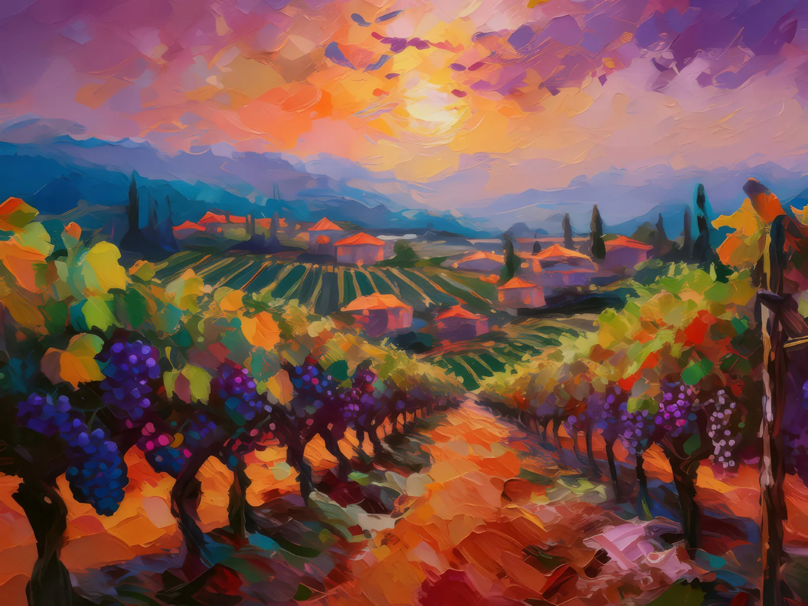 Ripening Vineyard at Dusk, a palette-knife oil landscape by Emma Mickelberg