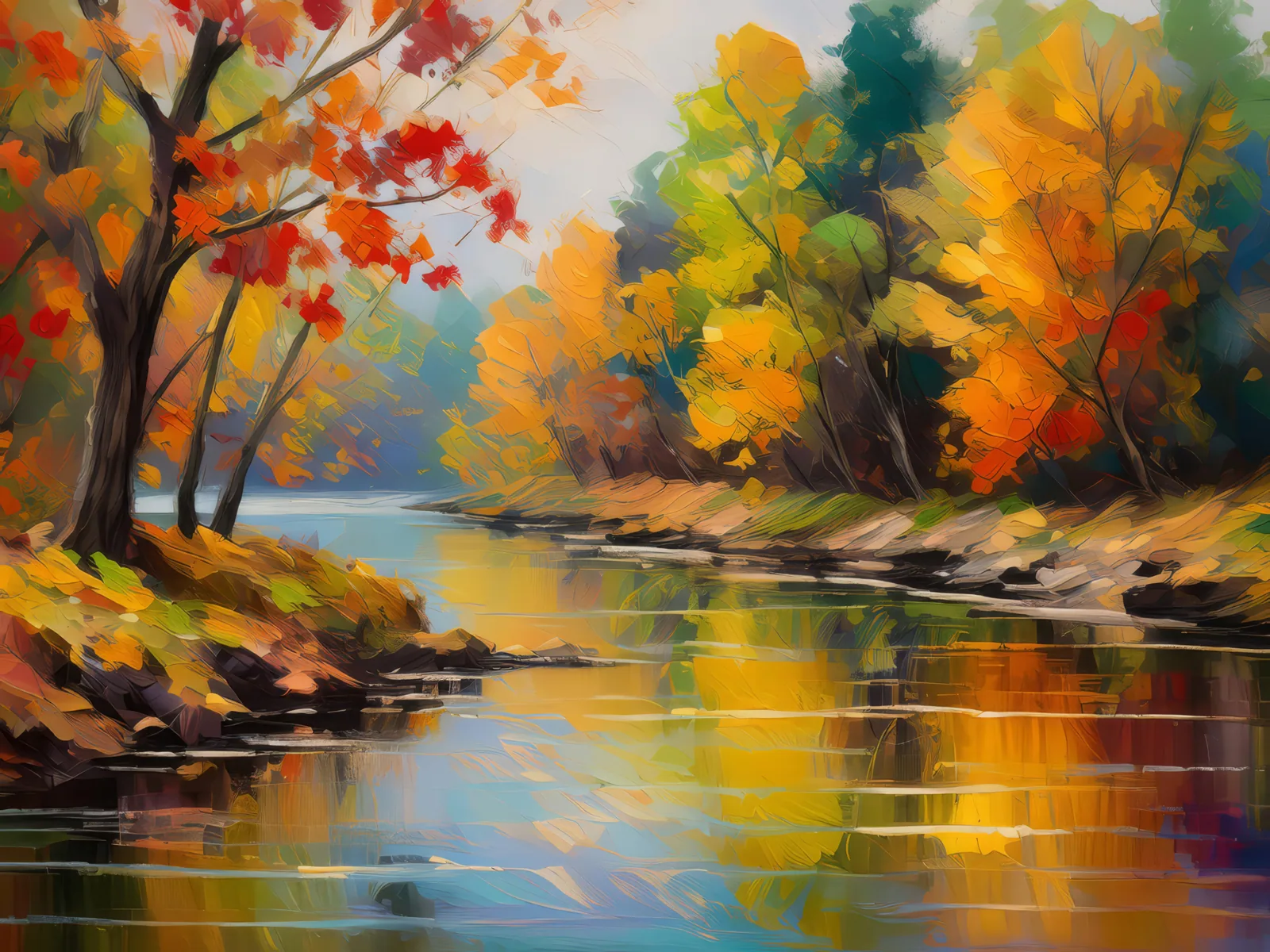 River Bend in Autumn, a palette-knife oil landscape by Emma Mickelberg