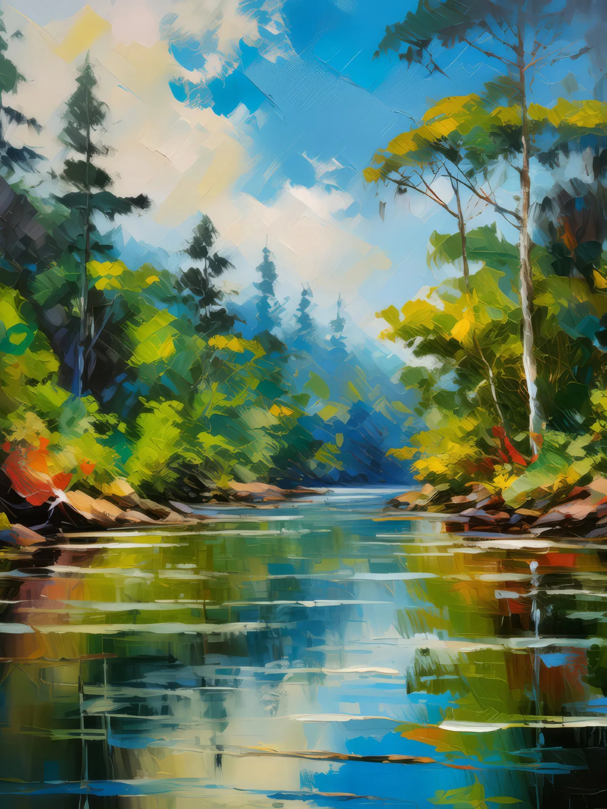 River Reflections in Boreal Jungle, a palette-knife oil landscape by Emma Mickelberg