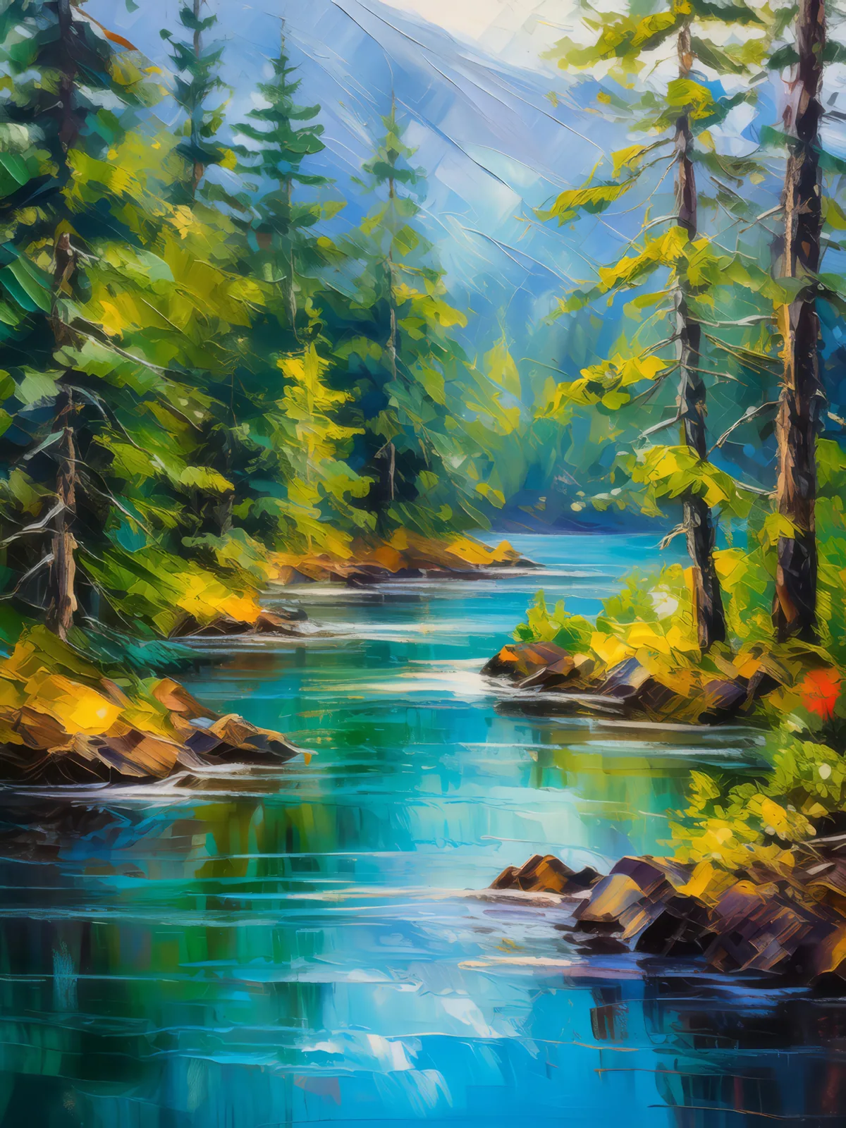 River Through Boreal Forest, a palette-knife oil landscape by Emma Mickelberg