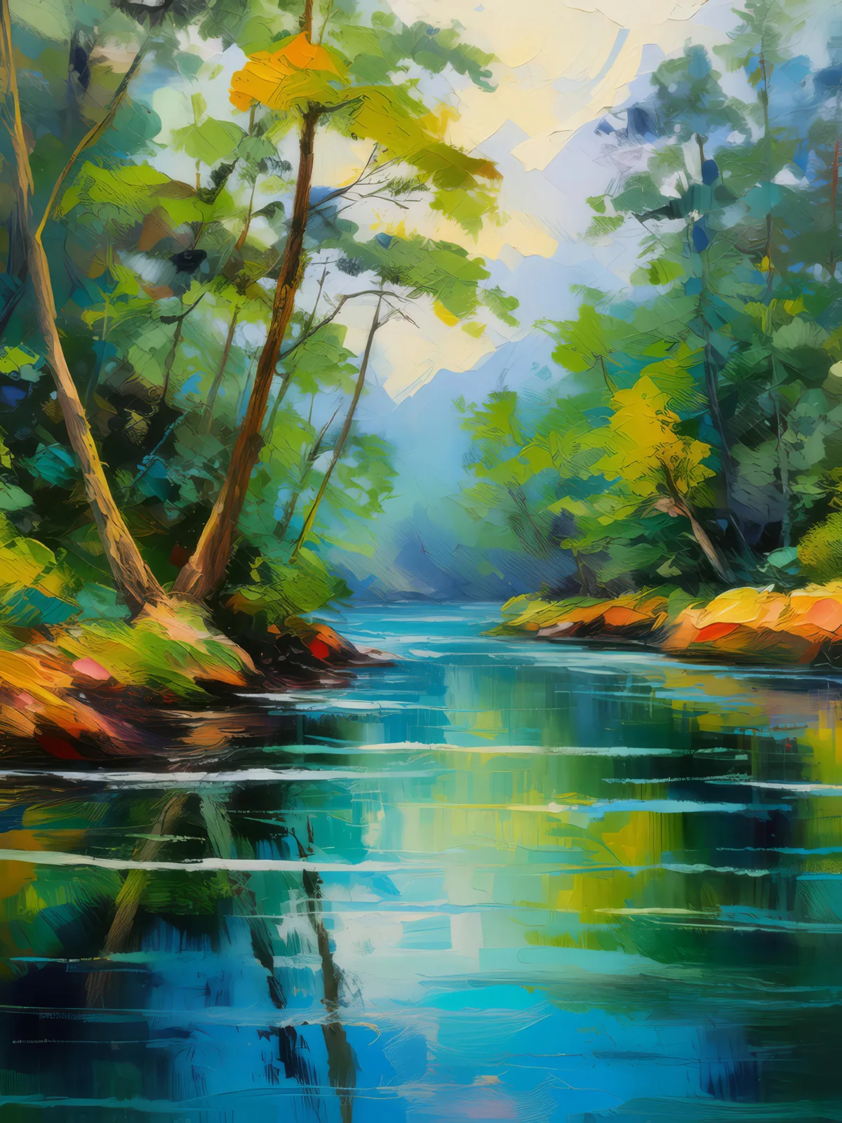 River Through Woods, a palette-knife oil landscape by Emma Mickelberg