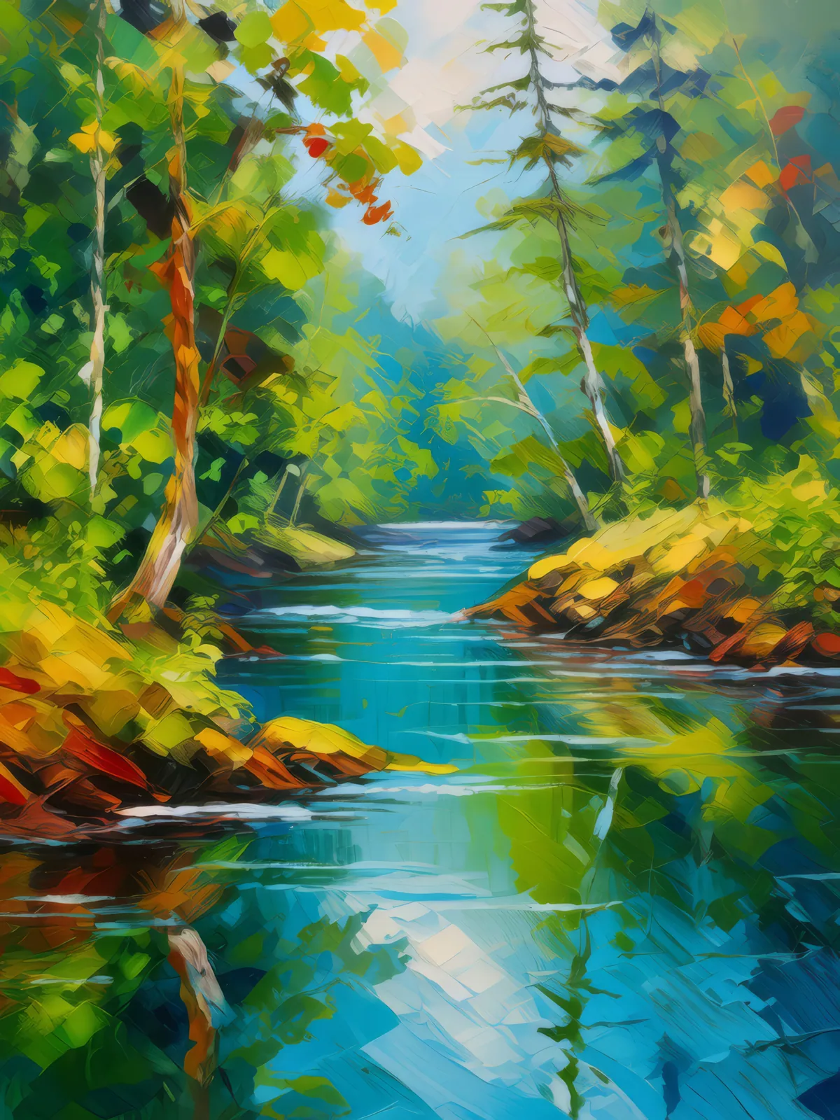 River's Journey Through Jungle, a palette-knife oil landscape by Emma Mickelberg