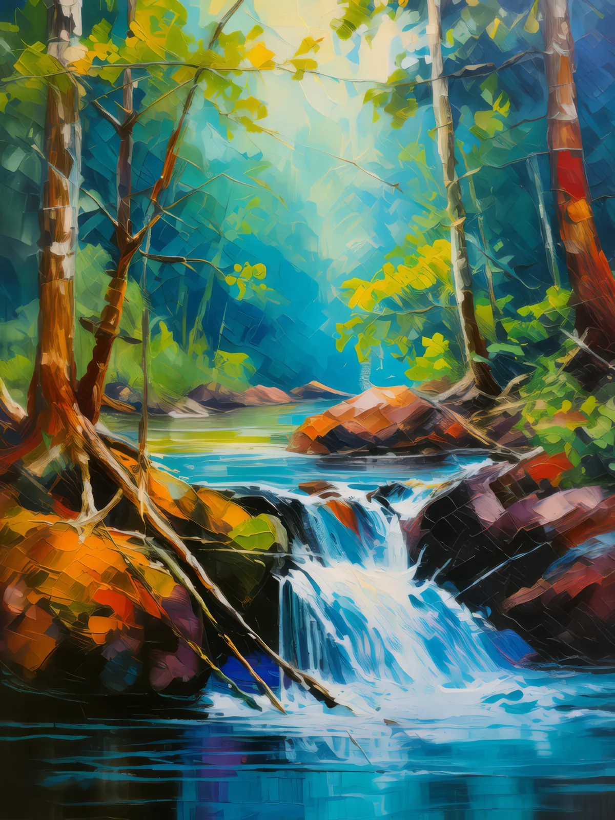 River's Melody in Boreal Jungle, a palette-knife oil landscape by Emma Mickelberg