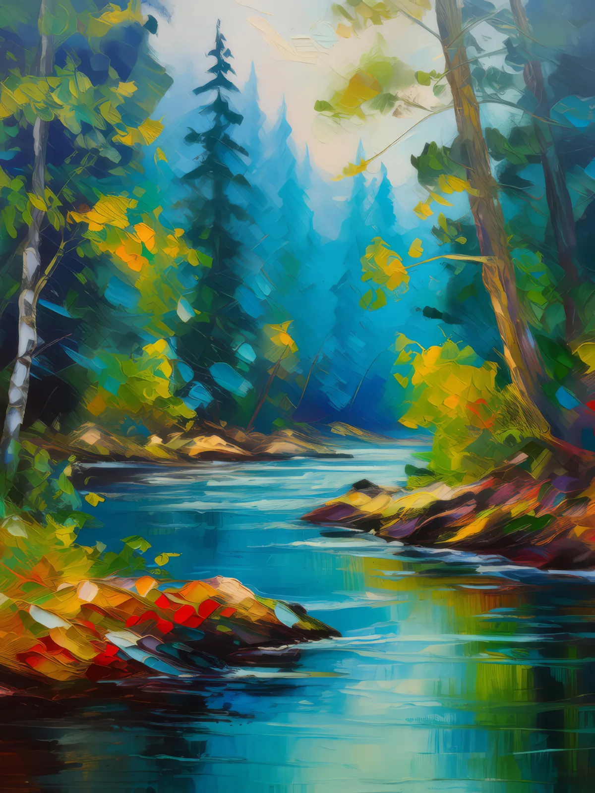 River's Serenade in the Jungle, a palette-knife oil landscape by Emma Mickelberg