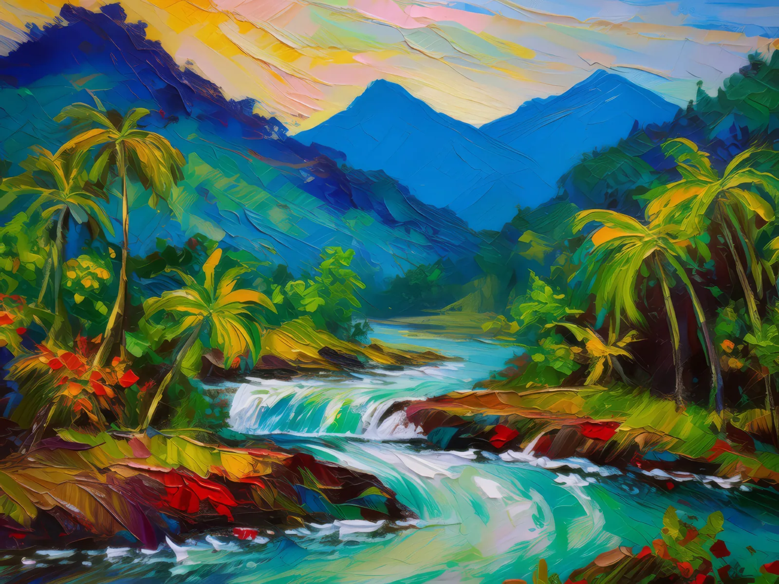 Rivers Through Mountains, a palette-knife oil landscape by Emma Mickelberg