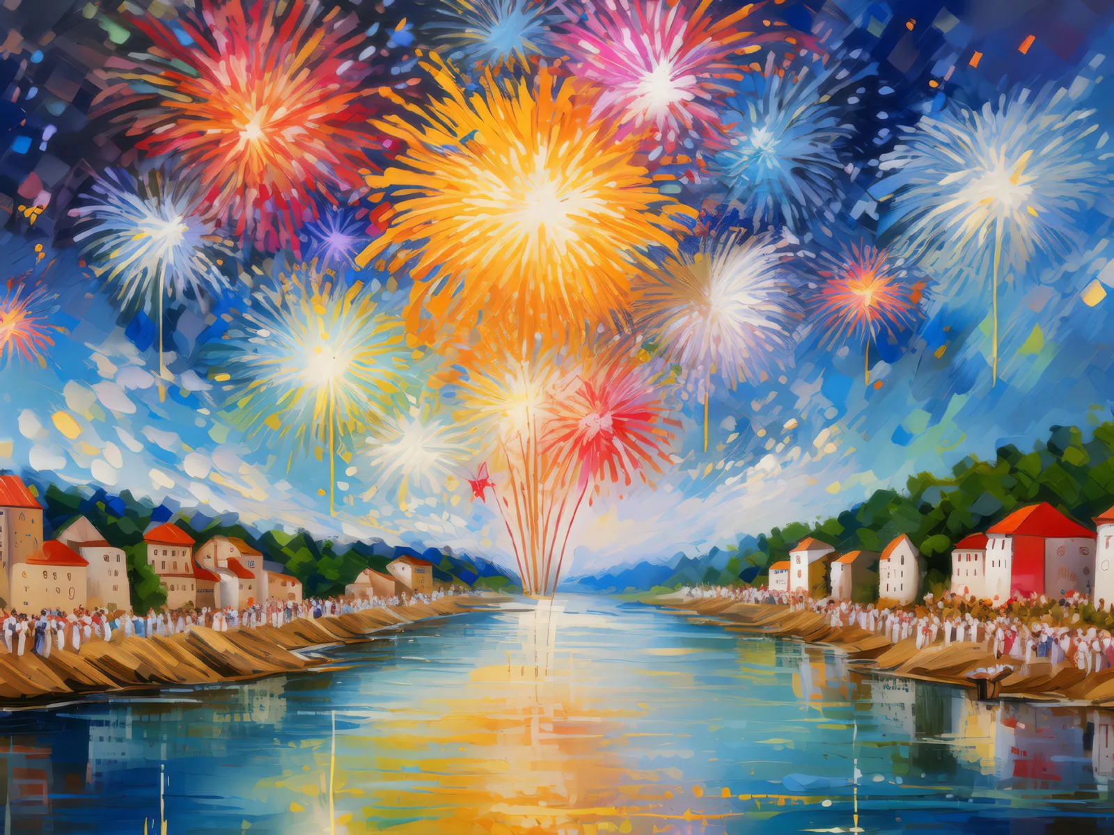 Riverside Fireworks Display, a palette-knife oil landscape by Emma Mickelberg