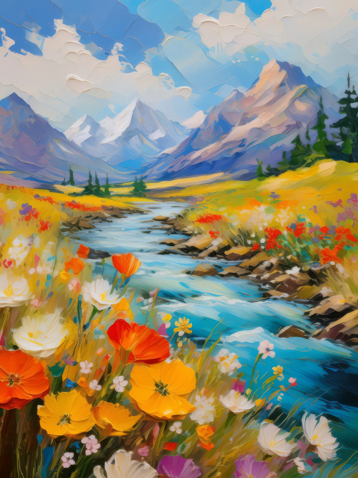 Riverside in the Alpine Desert, a palette-knife oil landscape by Emma Mickelberg