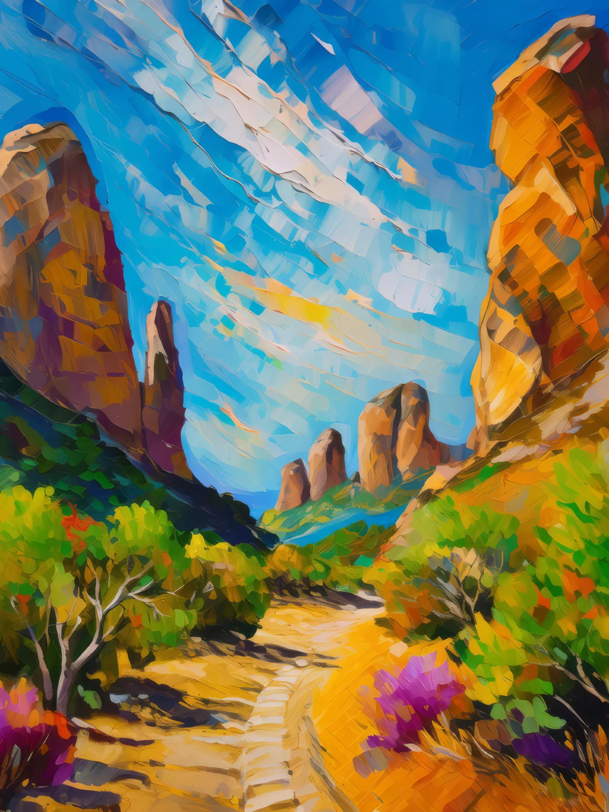 Rock Formations Nature Walk, a palette-knife oil landscape by Emma Mickelberg
