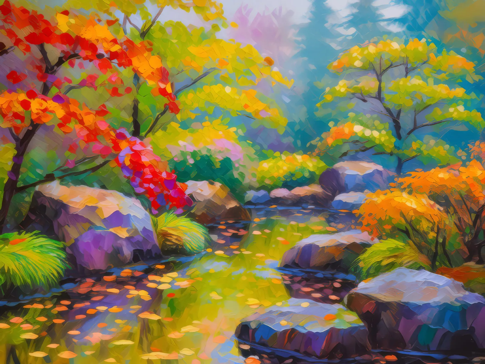 Rock Garden Morning Dew, a palette-knife oil landscape by Emma Mickelberg