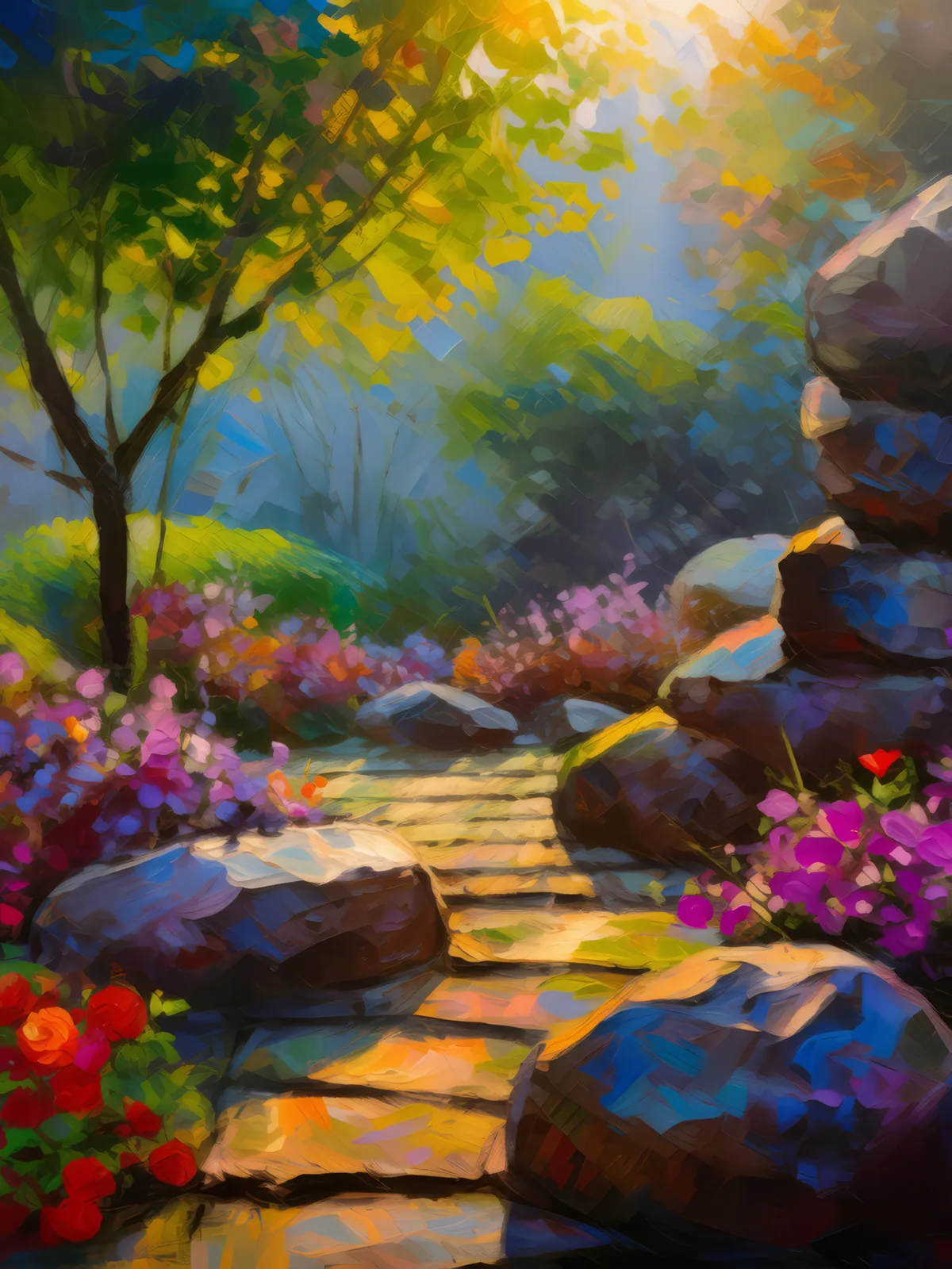 Rock Garden Morning Light, a palette-knife oil landscape by Emma Mickelberg