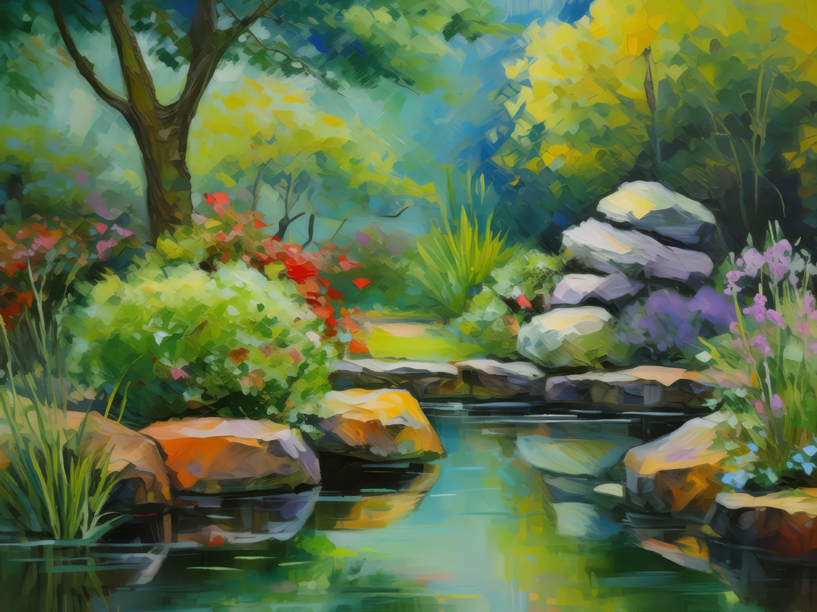 Rock Garden Peaceful Retreat, a palette-knife oil landscape by Emma Mickelberg
