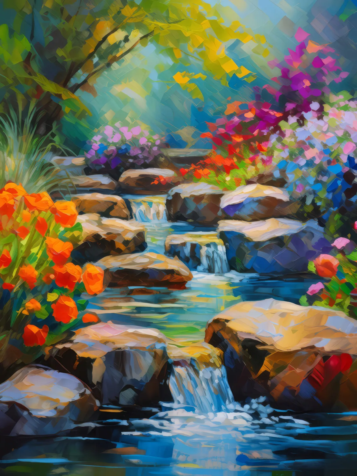 Rock Garden Tranquility, a palette-knife oil landscape by Emma Mickelberg