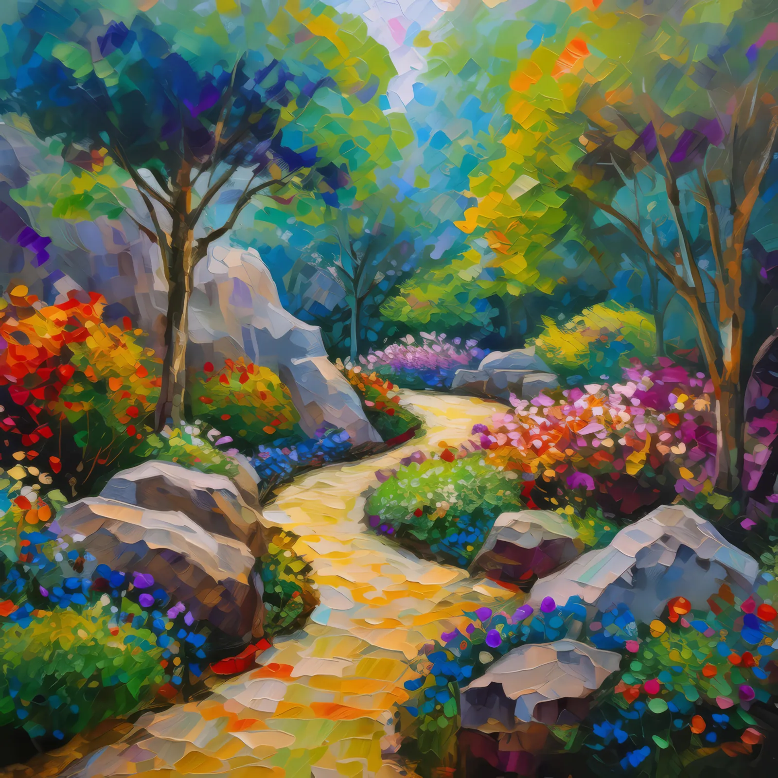 Rock Garden Zen Path, a palette-knife oil landscape by Emma Mickelberg
