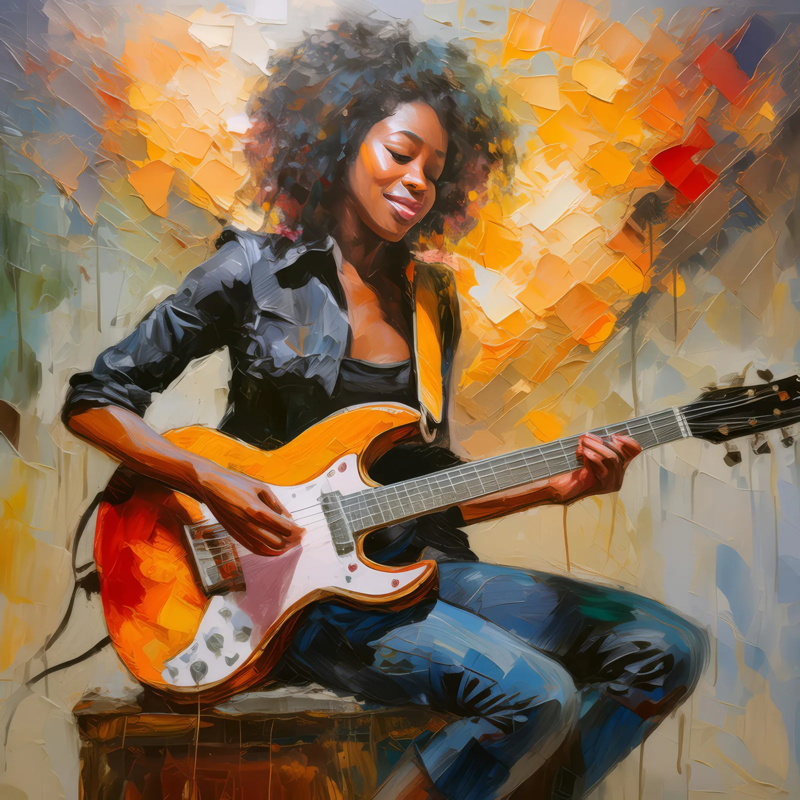 Rock Guitarist Studio Jam, a palette-knife oil landscape by Emma Mickelberg